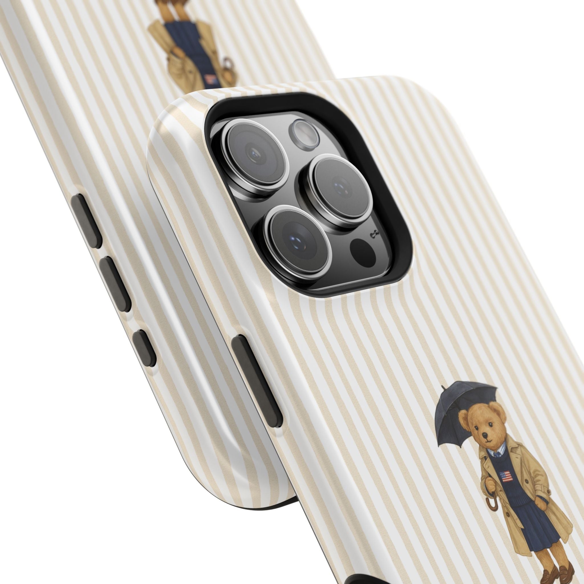 Beige striped phone case with teddy bear umbrella, side buttons and camera lenses