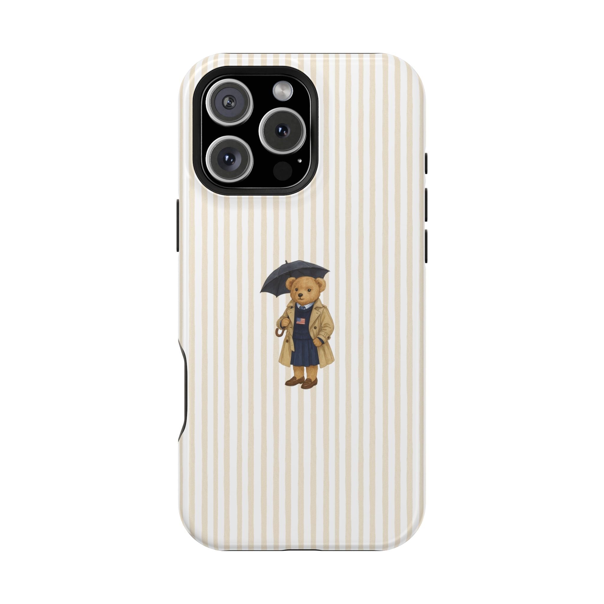 Beige striped phone case with teddy bear umbrella design, camera cutout visible