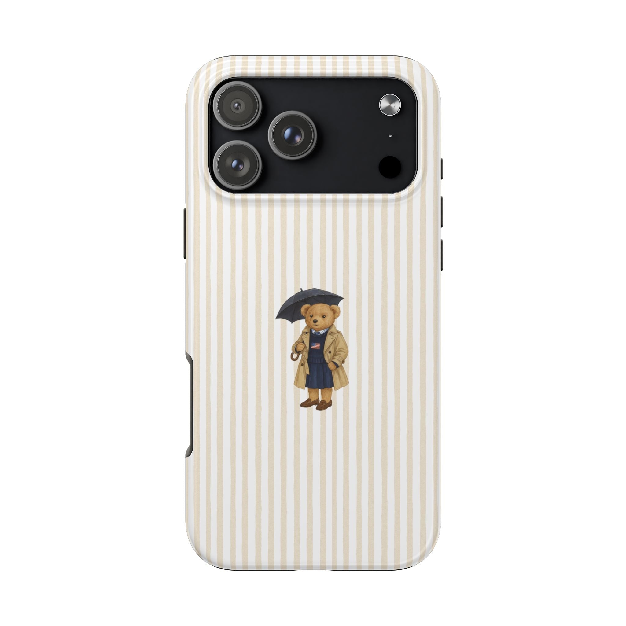 Beige vertical striped phone case with teddy bear holding an umbrella