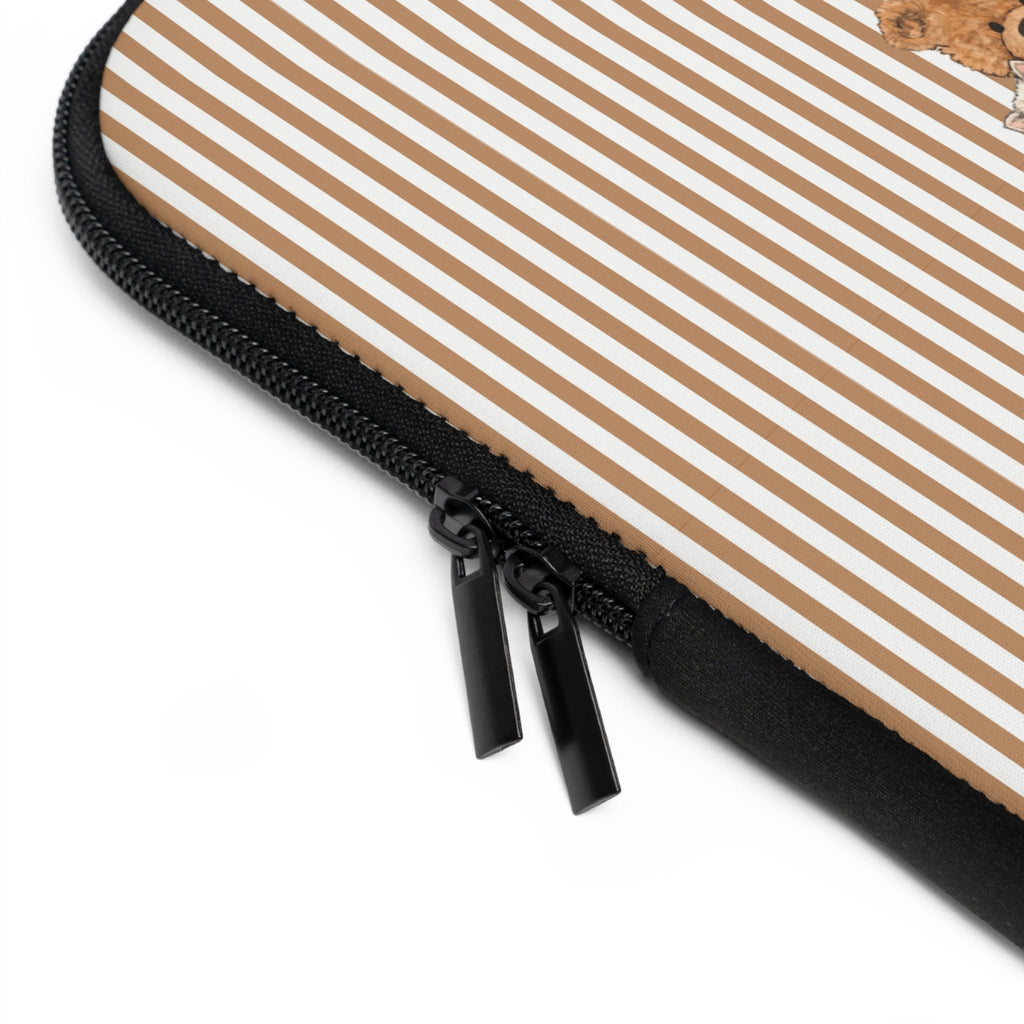 Striped neoprene sleeve edge with black zipper pull and reinforced stitching