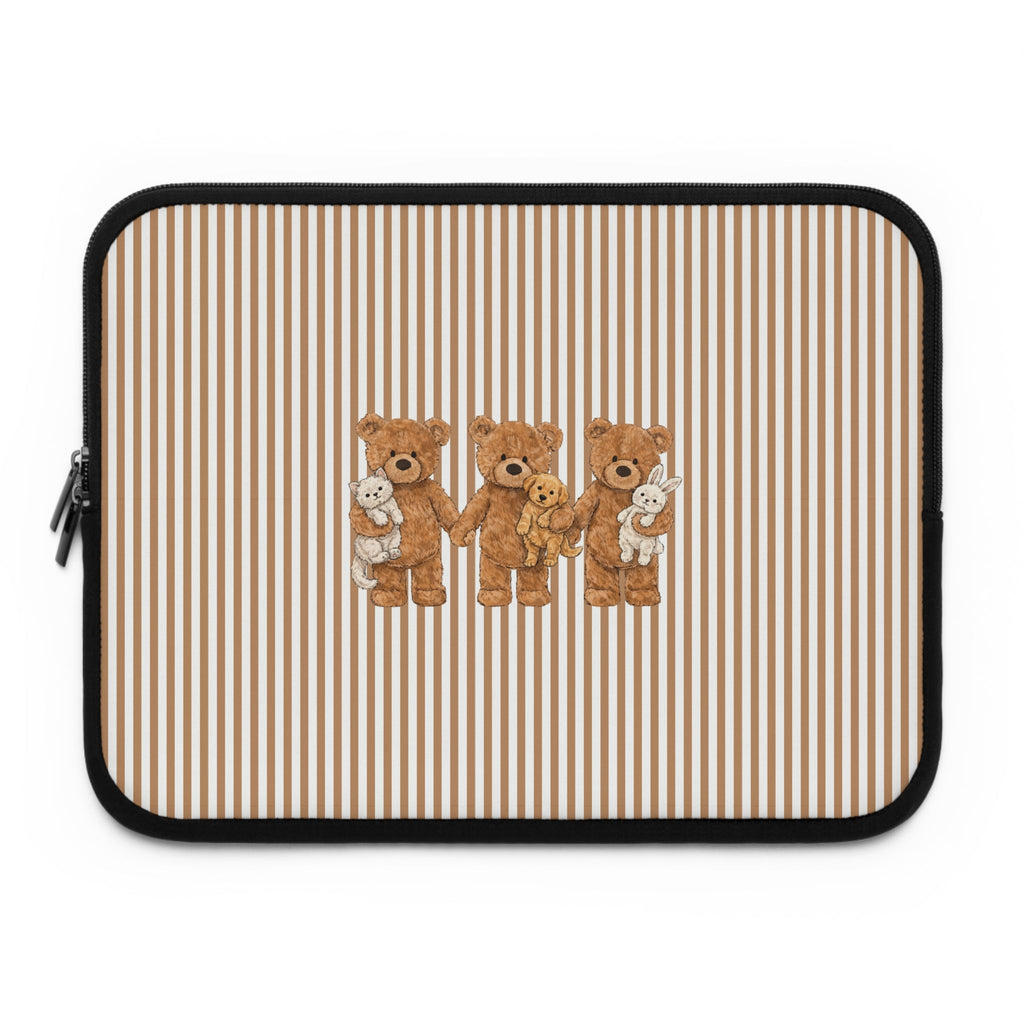 Beige striped neoprene sleeve front with teddy bear pet print and black border