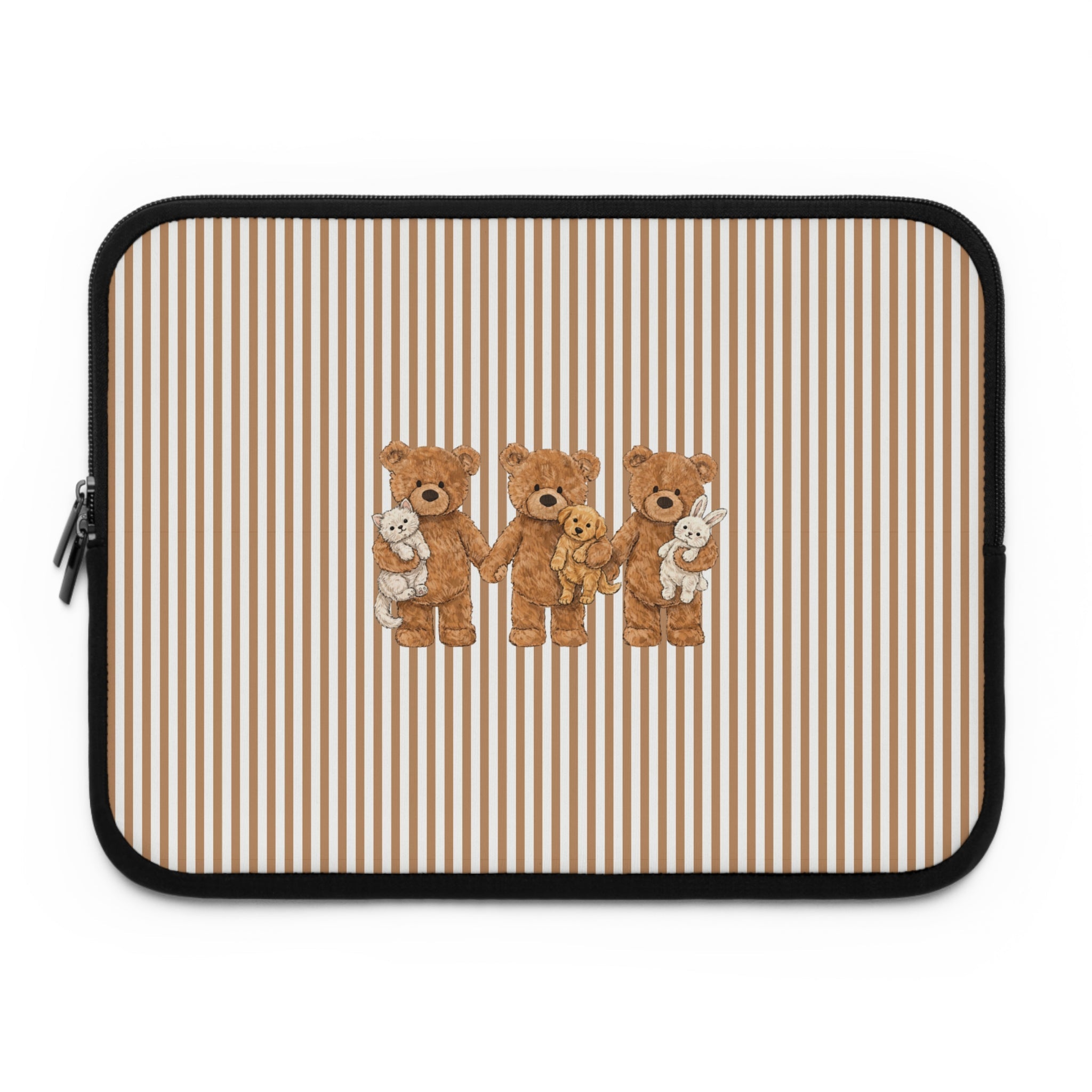 Beige striped neoprene sleeve front with teddy bear pet print and black border