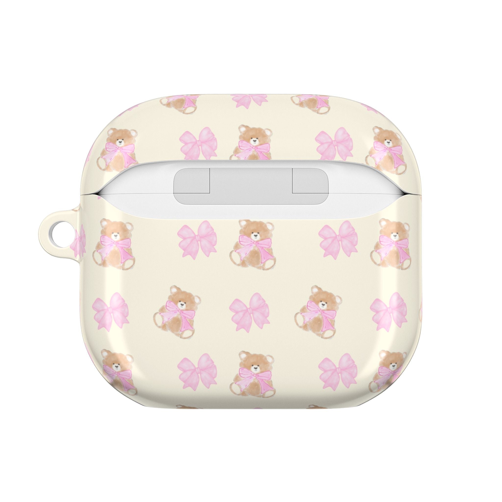 Beige AirPods case with teddy bear and pink bow pattern, charging port opening