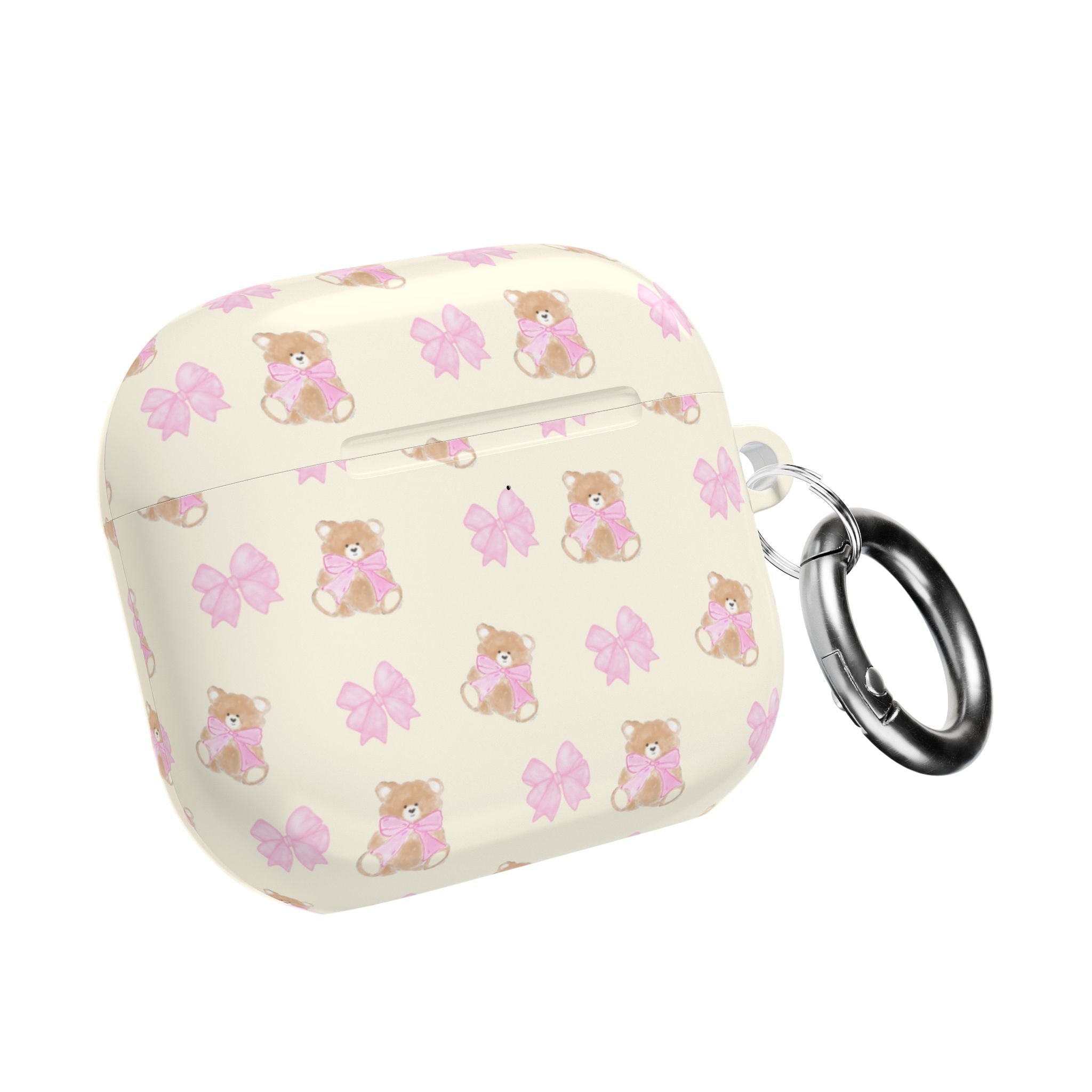 Beige AirPods case with teddy bear and pink bow print, with metal keyring