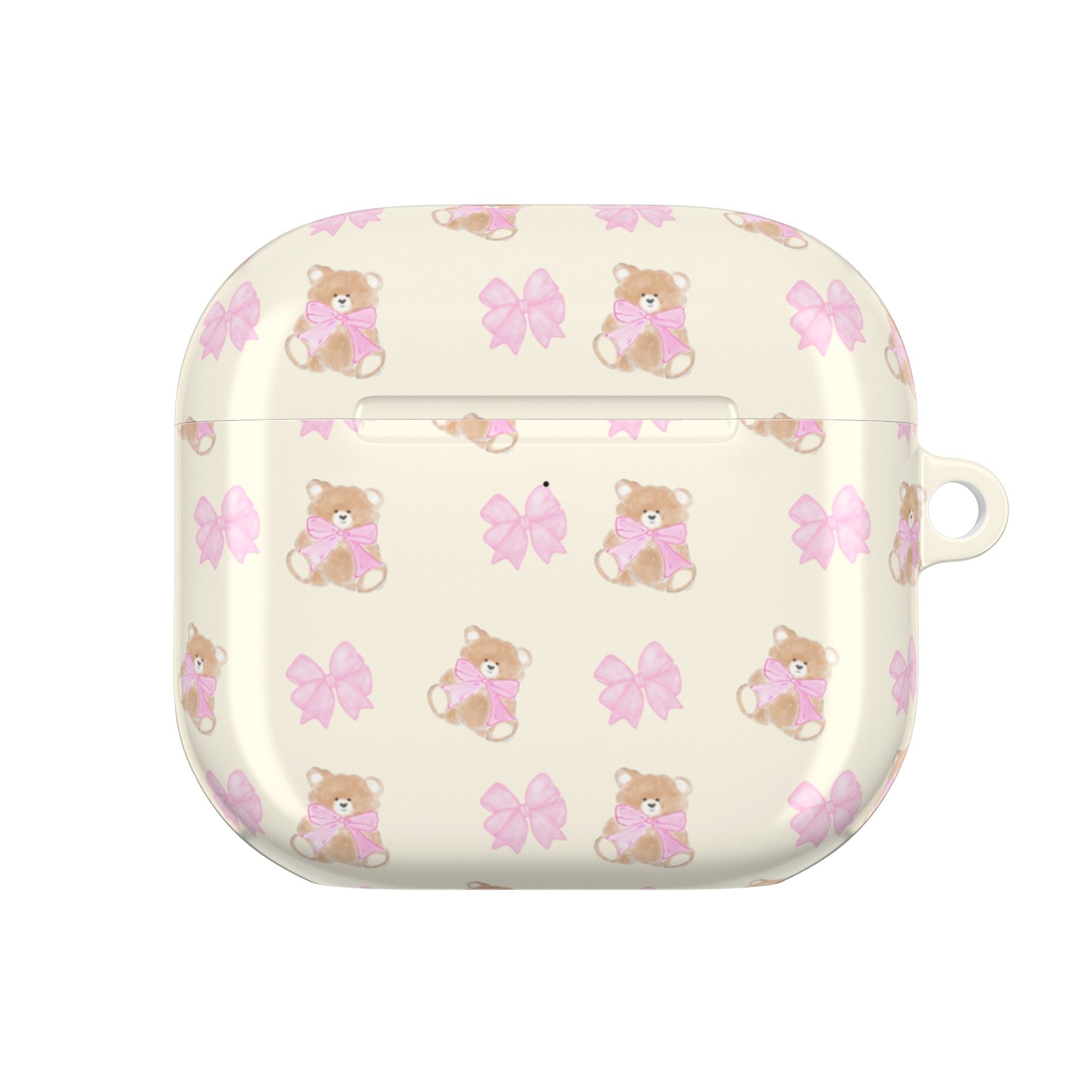 Beige AirPods case with teddy bear and pink bow pattern, front view