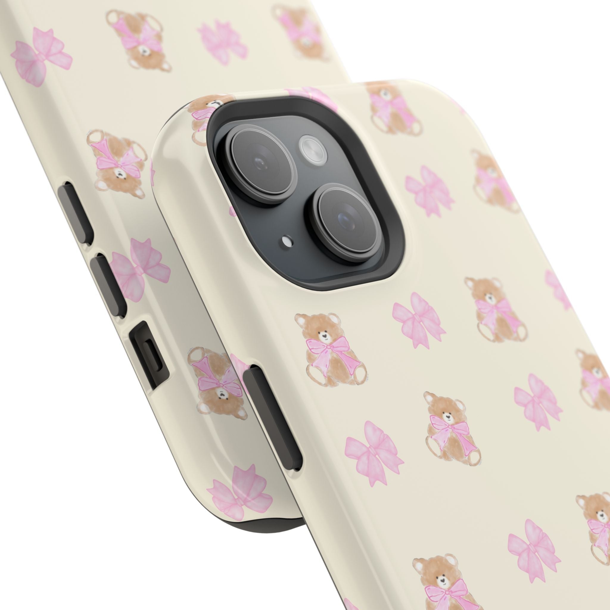 Beige teddy-bear phone case with pink bows pattern and raised camera cutout