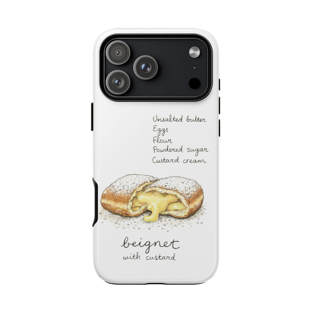White beignet phone case with custard beignet illustration and handwritten ingredient words