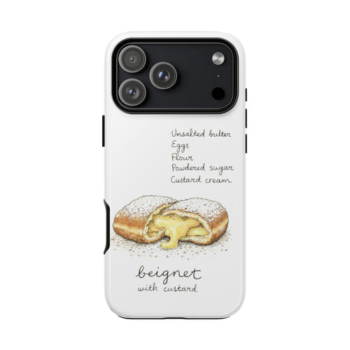 White beignet phone case with custard beignet illustration and handwritten ingredient words