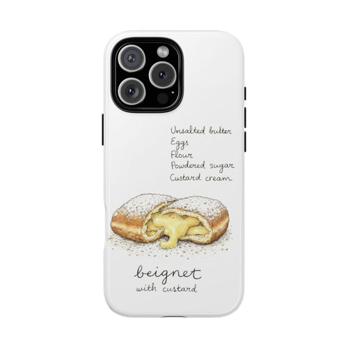 White beignet phone case with custard pastry art, powdered sugar text, camera cutouts