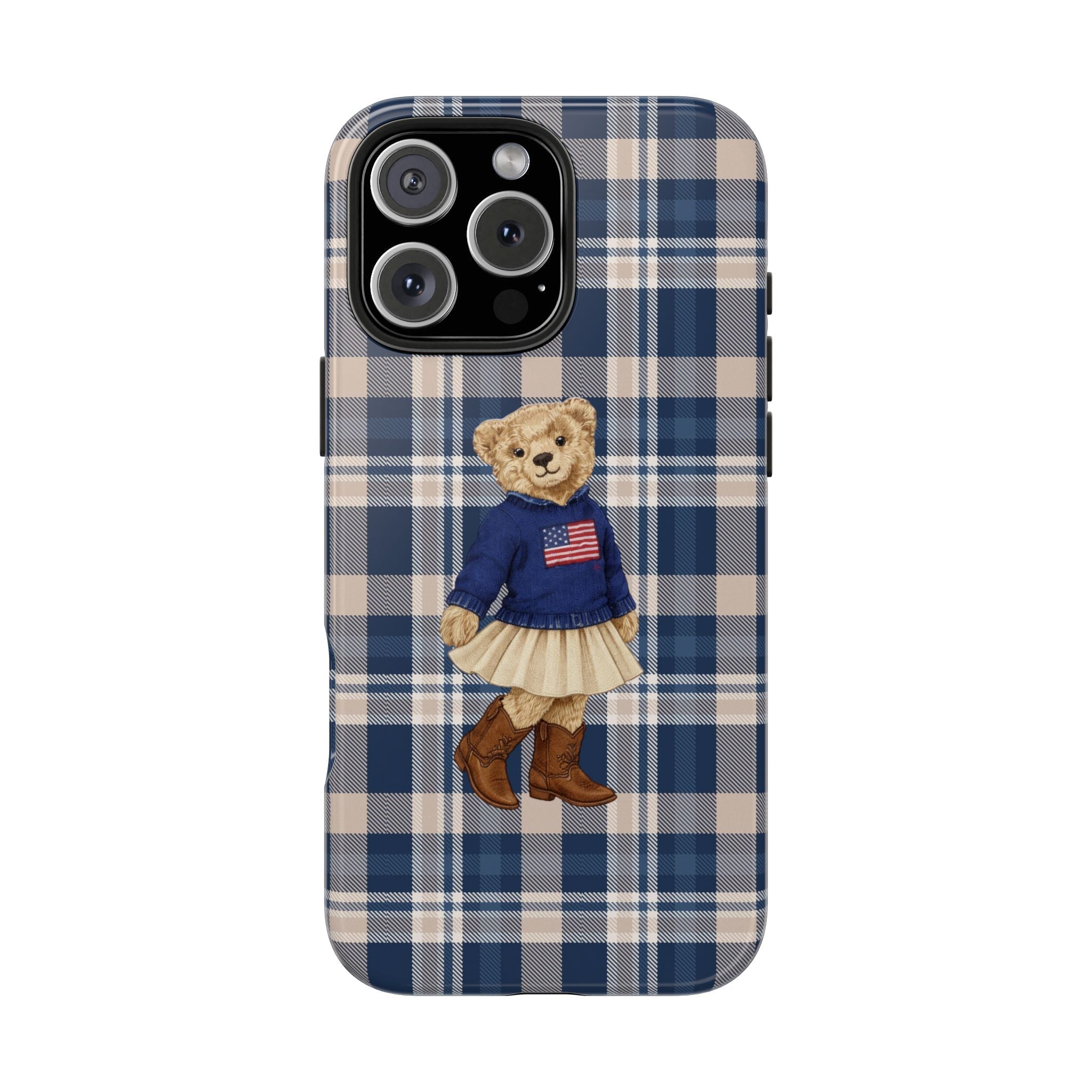 Navy and cream plaid phone case with teddy bear girl wearing blue dress and boots