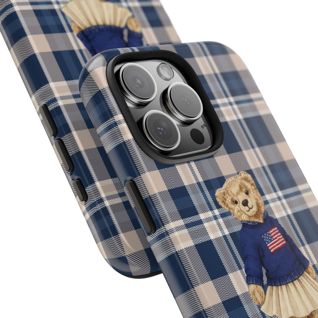 Angled navy plaid phone case with teddy bear girl figure by camera cutouts