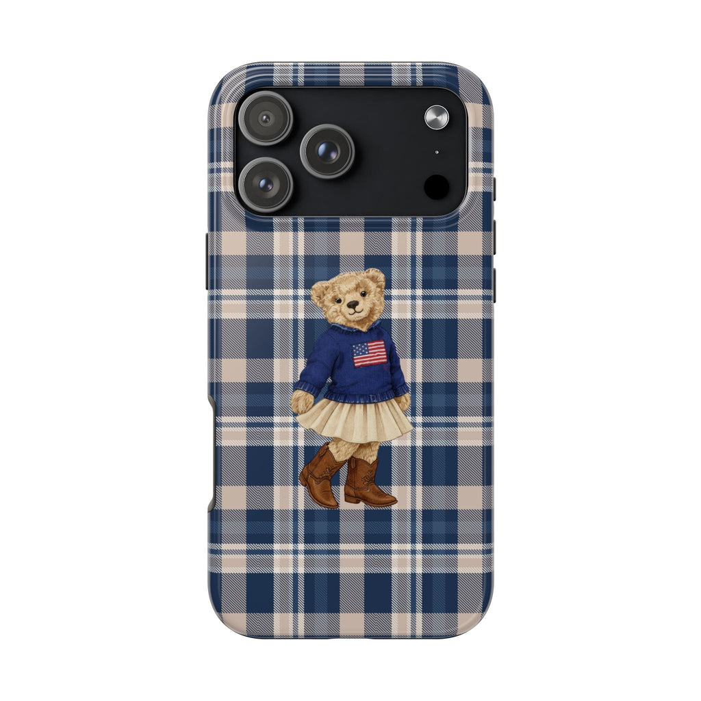 Navy plaid phone case with teddy bear girl appliqué in blue dress and skirt
