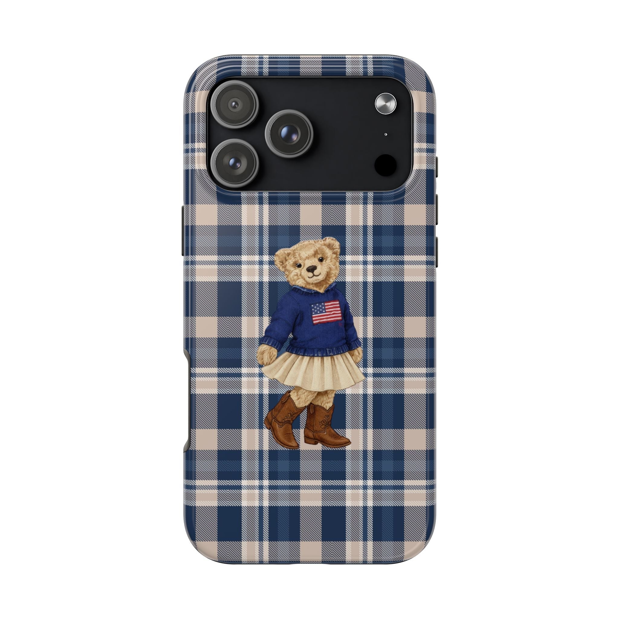 Navy plaid phone case with teddy bear girl appliqué in blue dress and skirt