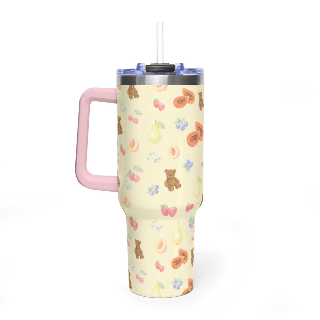 Berry Bears 40oz tumbler front view, cream stainless steel with teddy and fruit design, pink handle