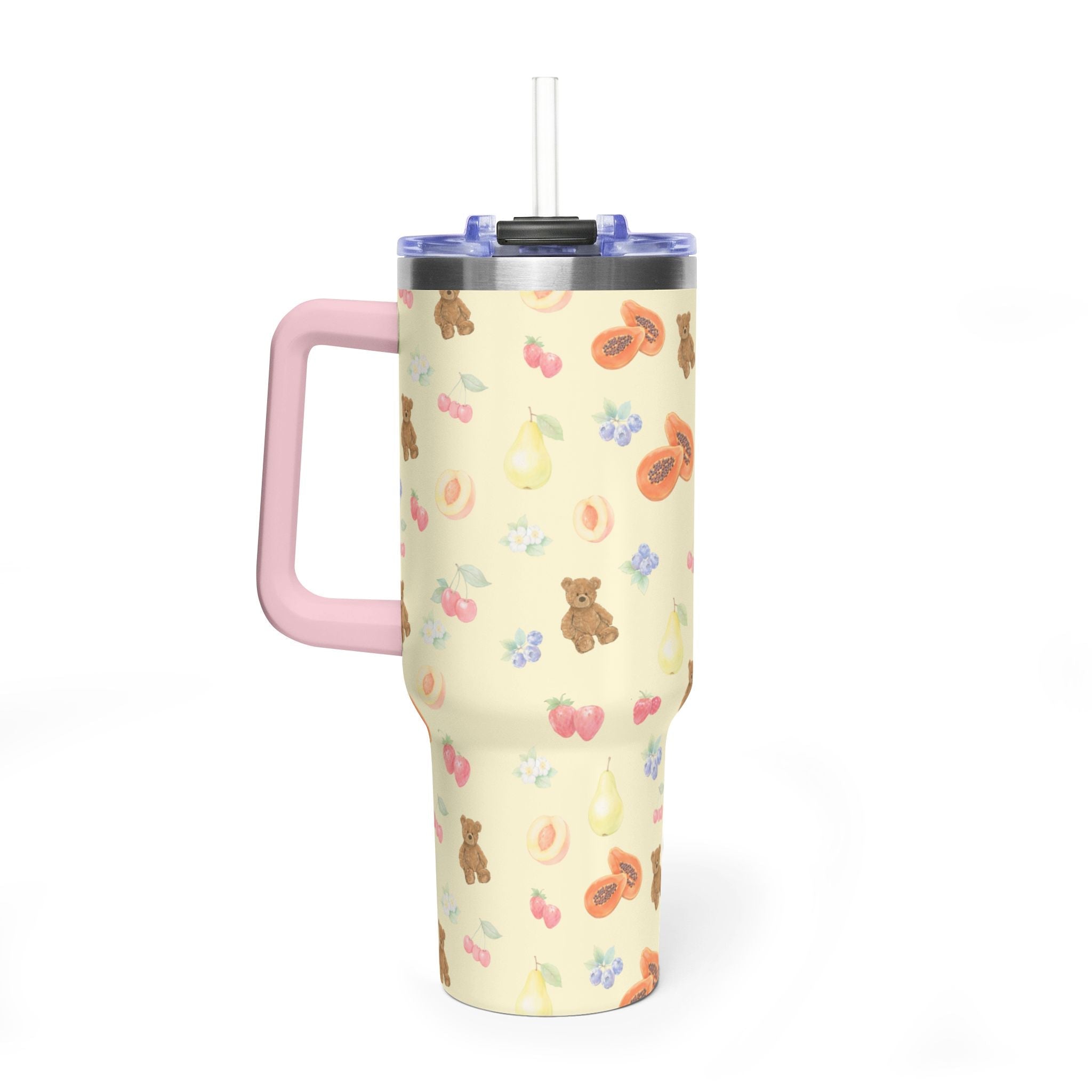 Berry Bears 40oz tumbler front view, cream stainless steel with teddy and fruit design, pink handle
