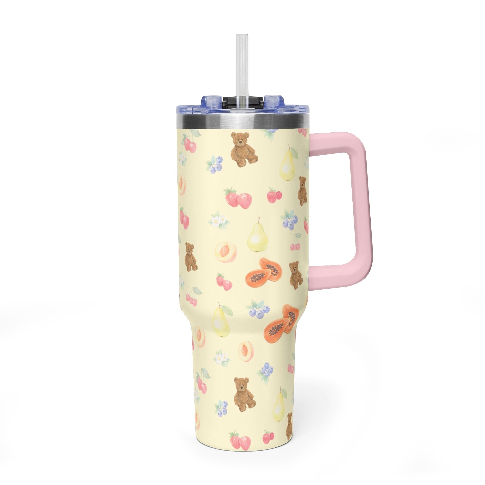 Berry Bears 40oz tumbler, cream stainless steel with fruit and teddy bear pattern, pink handle