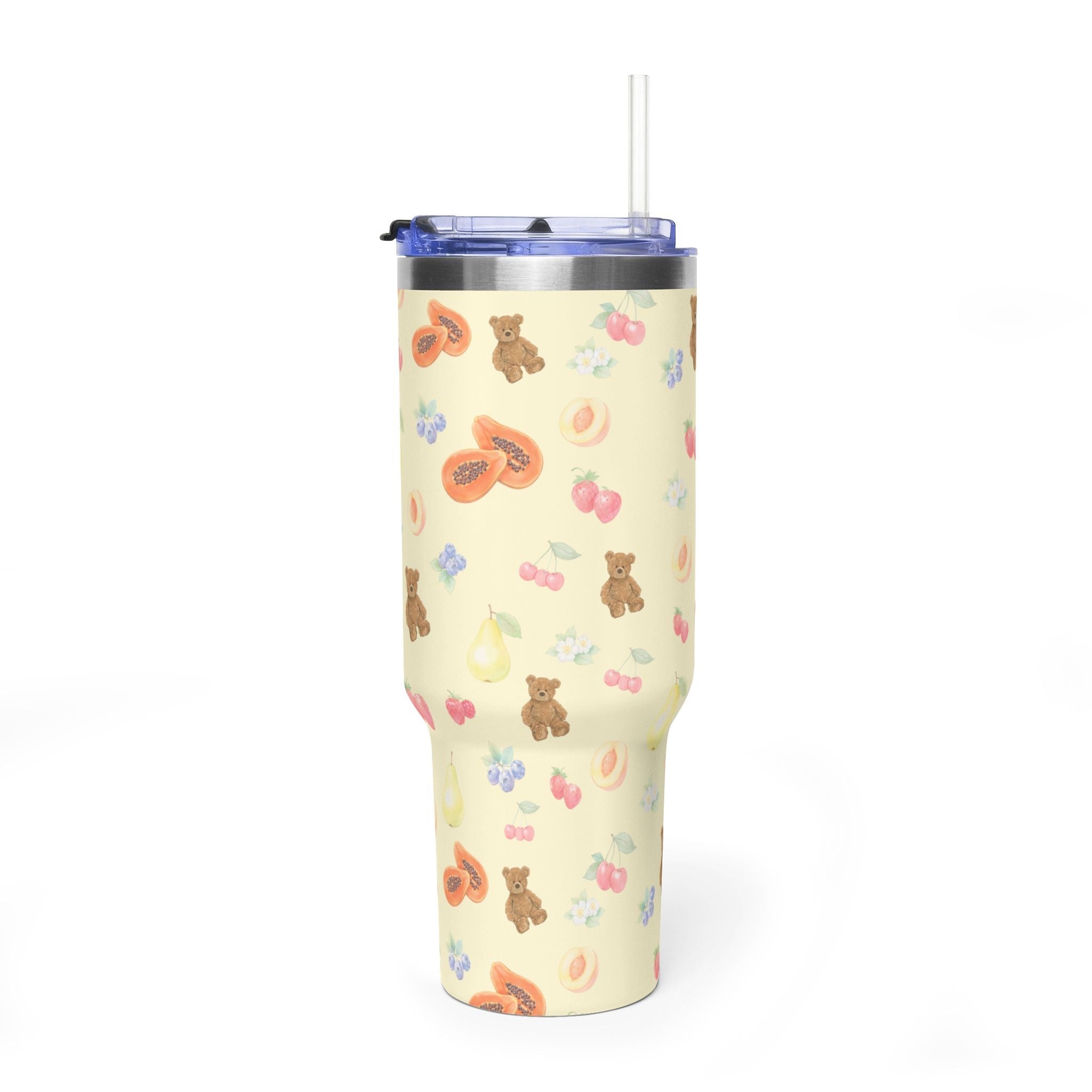 Berry Bears 40oz tumbler, cream steel cylinder with teddy bear and fruit pattern, no handle
