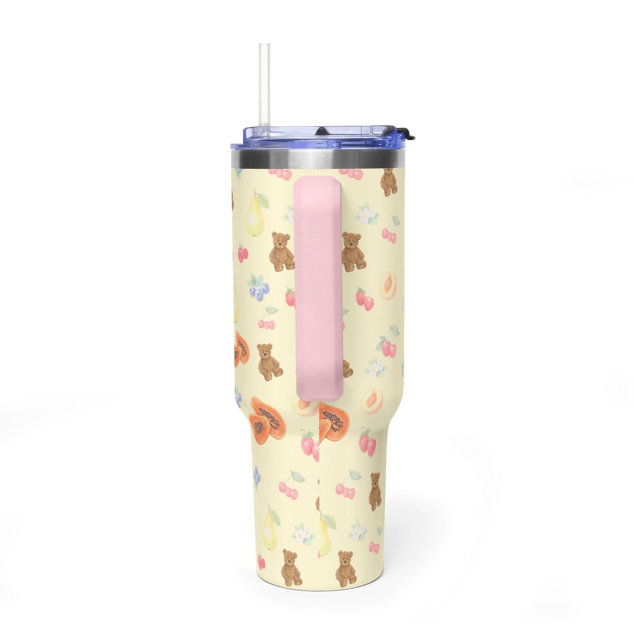 Berry Bears 40oz tumbler side view, cream steel with fruit and teddy bear print, open lid