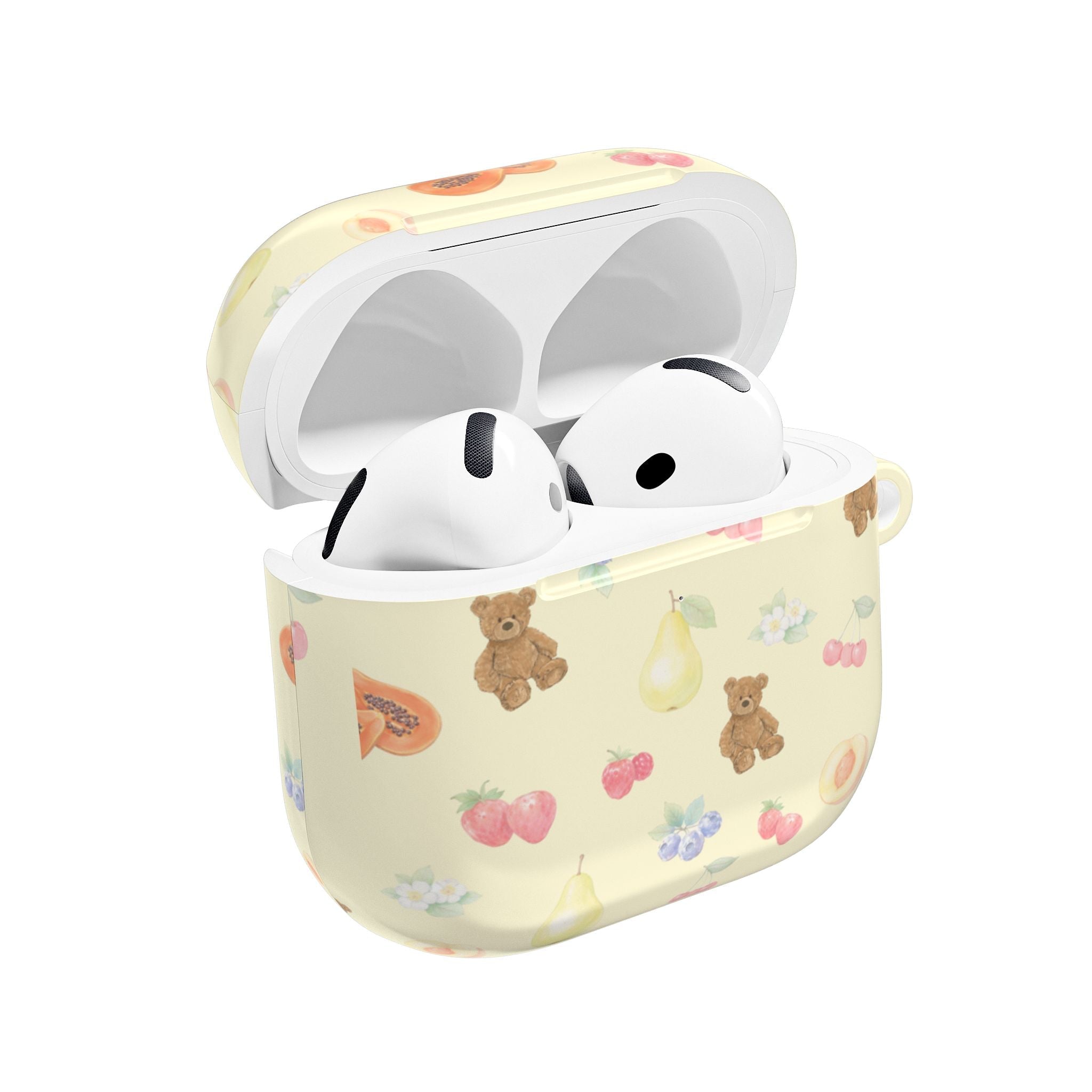 Light cream AirPods case with berry, fruit, and teddy bear print; hinged lid open