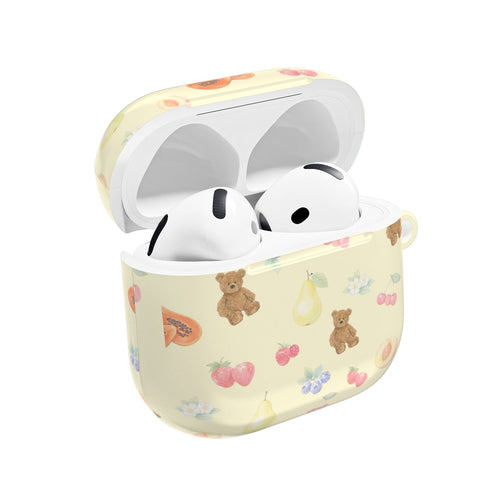 Light cream AirPods case with berry, fruit, and teddy bear print; hinged lid open