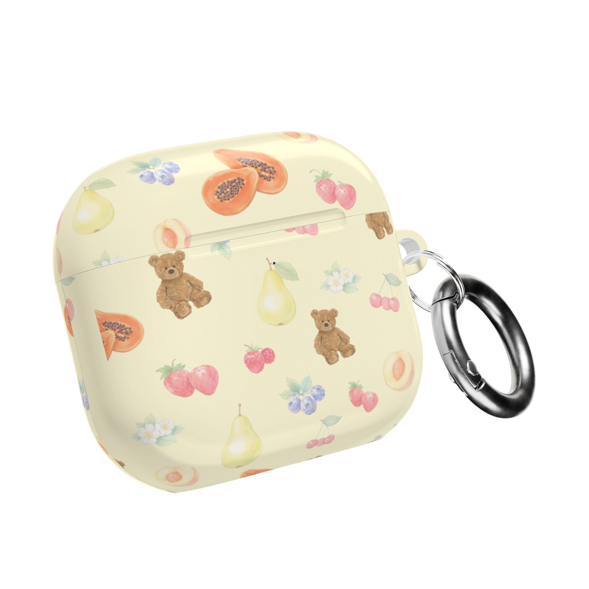 Light cream BERRY BEARS AirPods case with fruit and bear pattern; metal key ring attached
