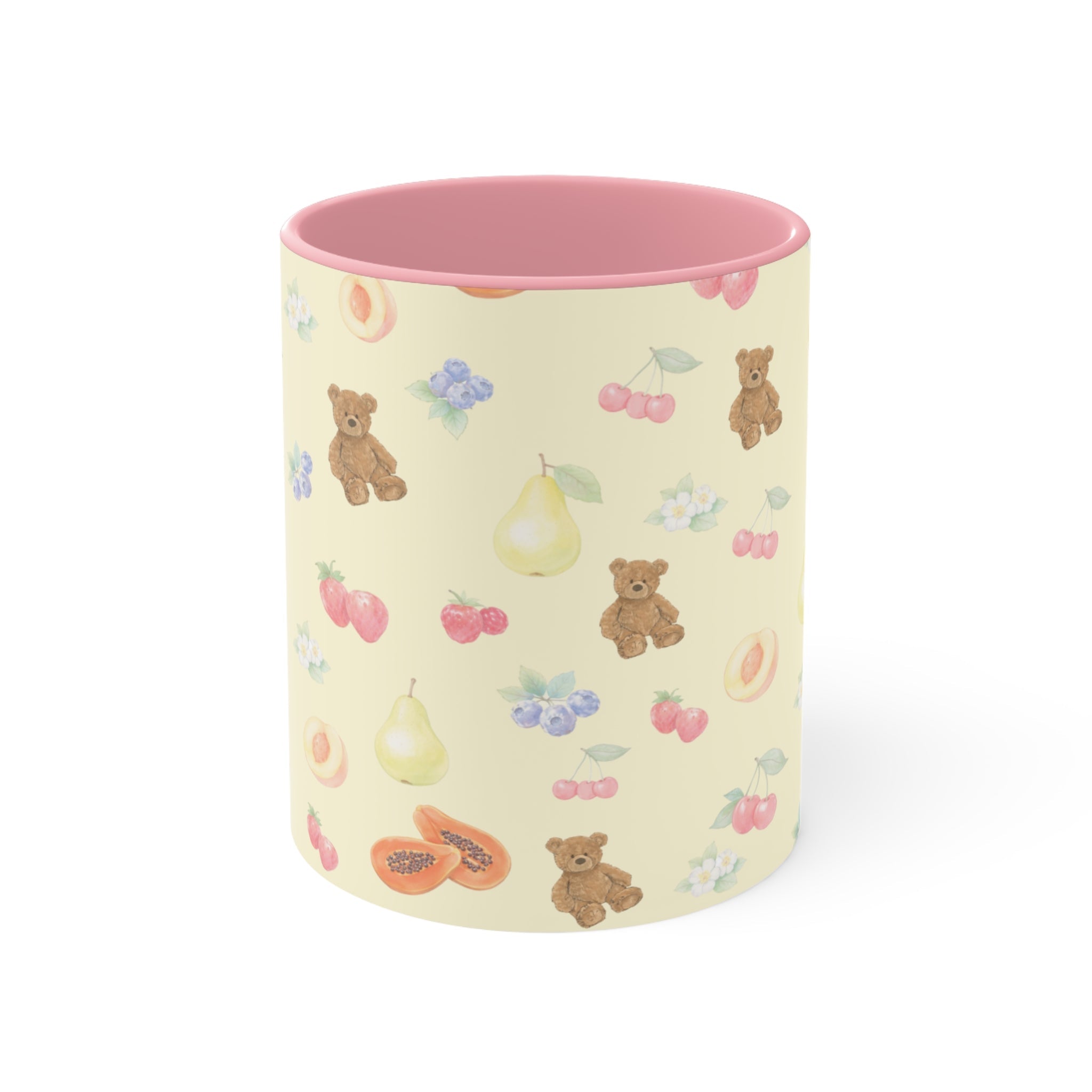 Berry Bears ceramic mug, pink rim and handle; pale yellow with teddy bear & fruit pattern