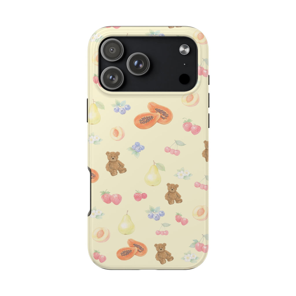 Berry bears phone case back view, light cream with cherries, pears, flowers, and teddy pattern