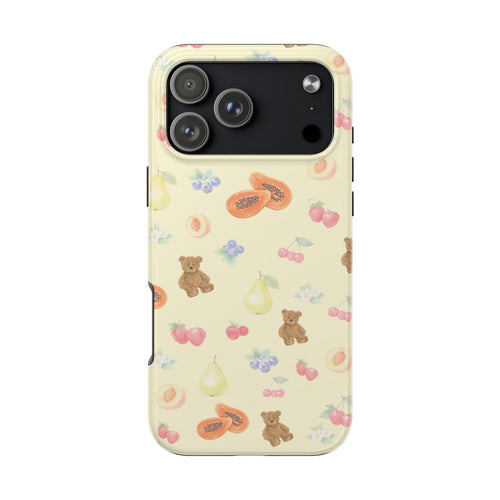Berry bears phone case back view, light cream with cherries, pears, flowers, and teddy pattern