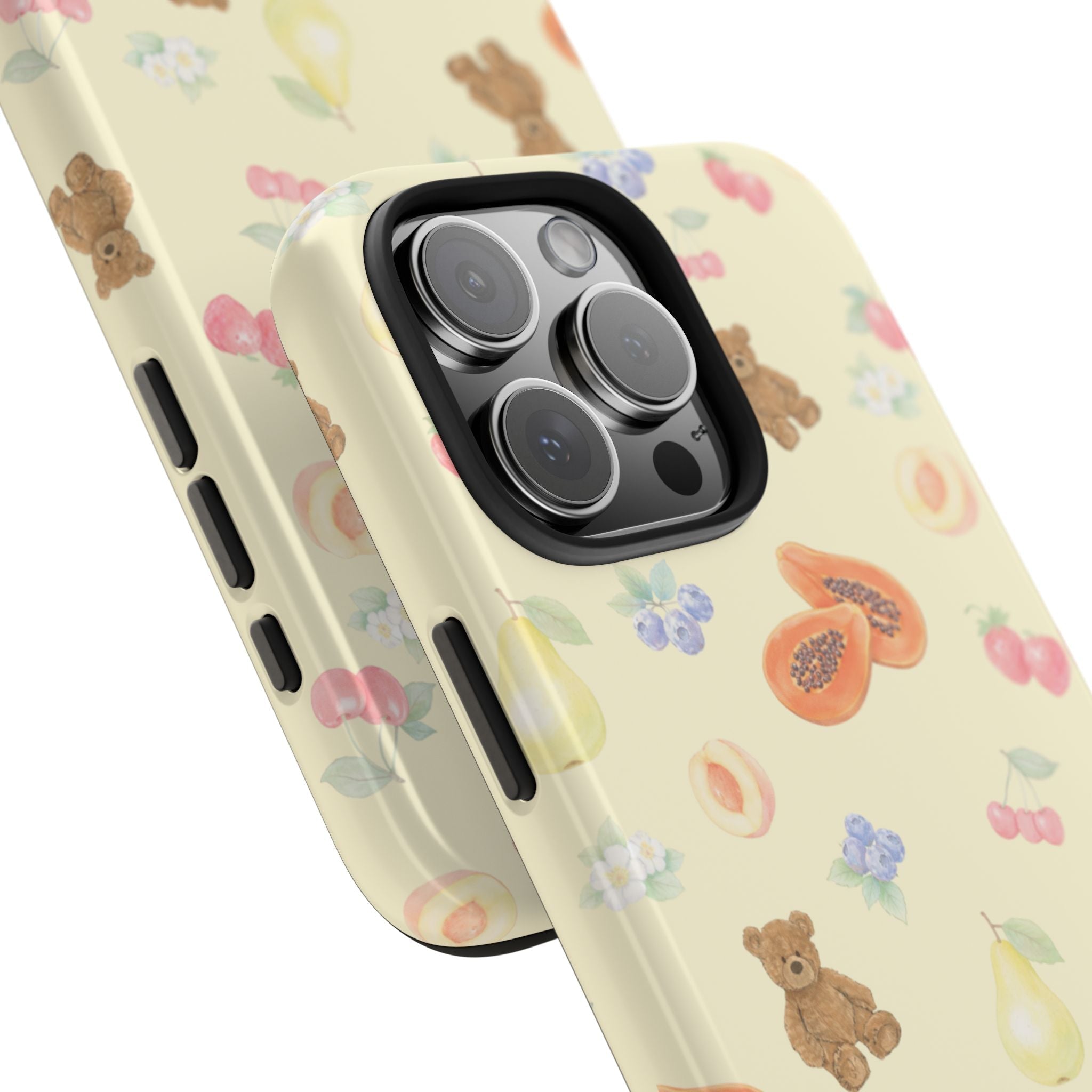 Berry bears phone case close-up, light cream with fruit and teddy pattern, raised camera lenses