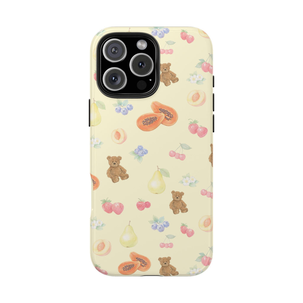 Berry bears phone case, light cream with teddy bears and fruit pattern, camera cutout