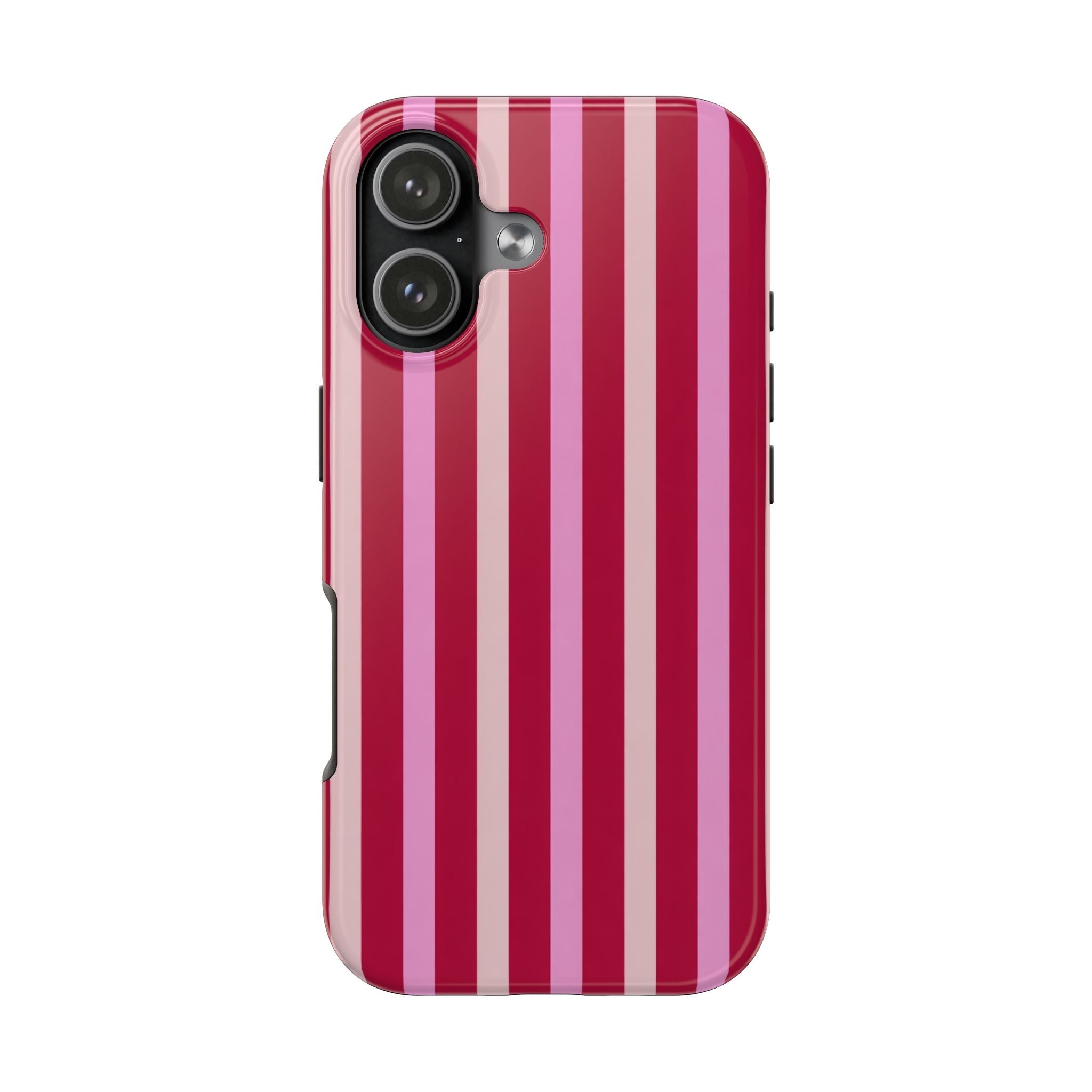 Berry blush striped phone case in pink and red vertical stripes, showing side buttons
