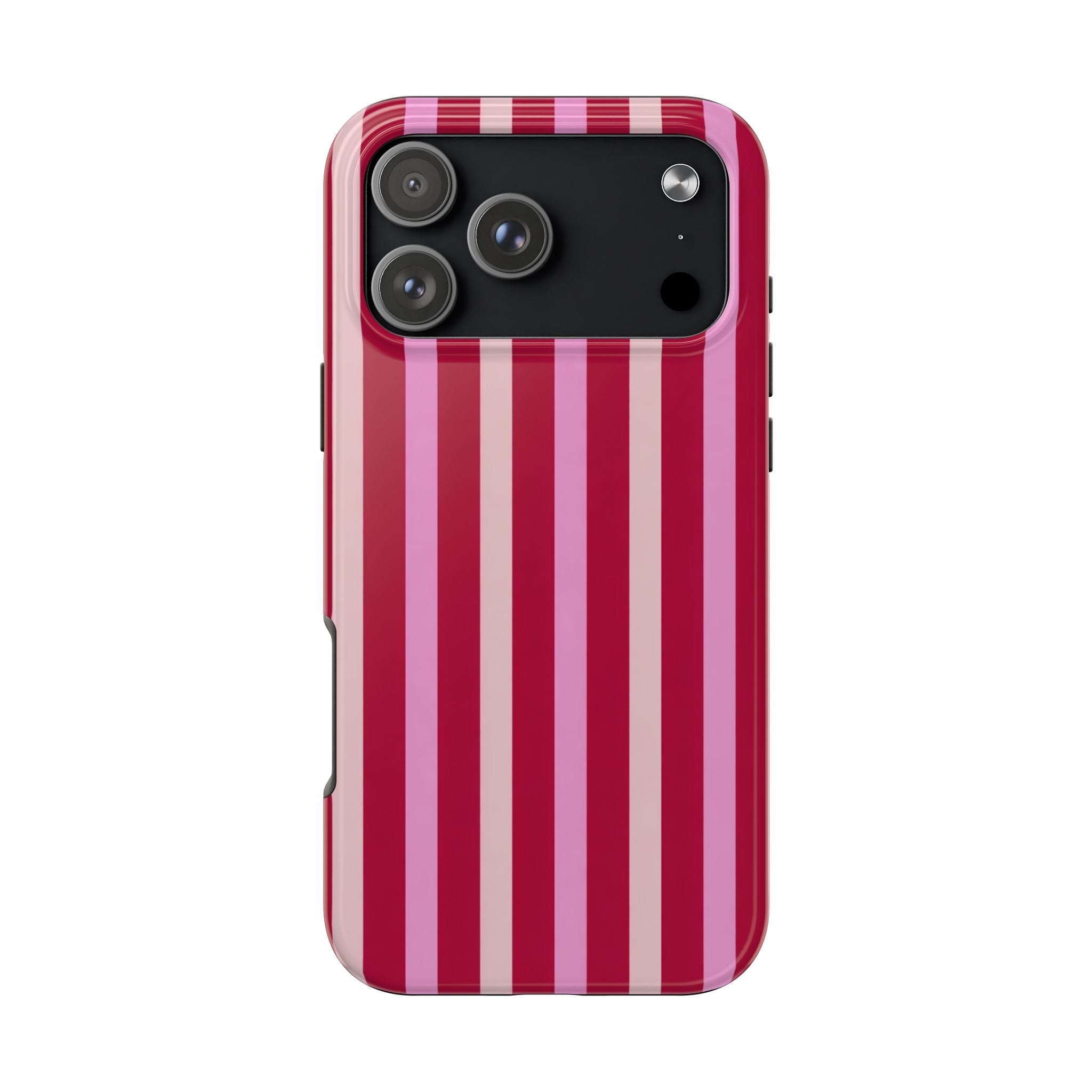 Berry blush striped phone case with vertical red and pink stripes and raised camera cover