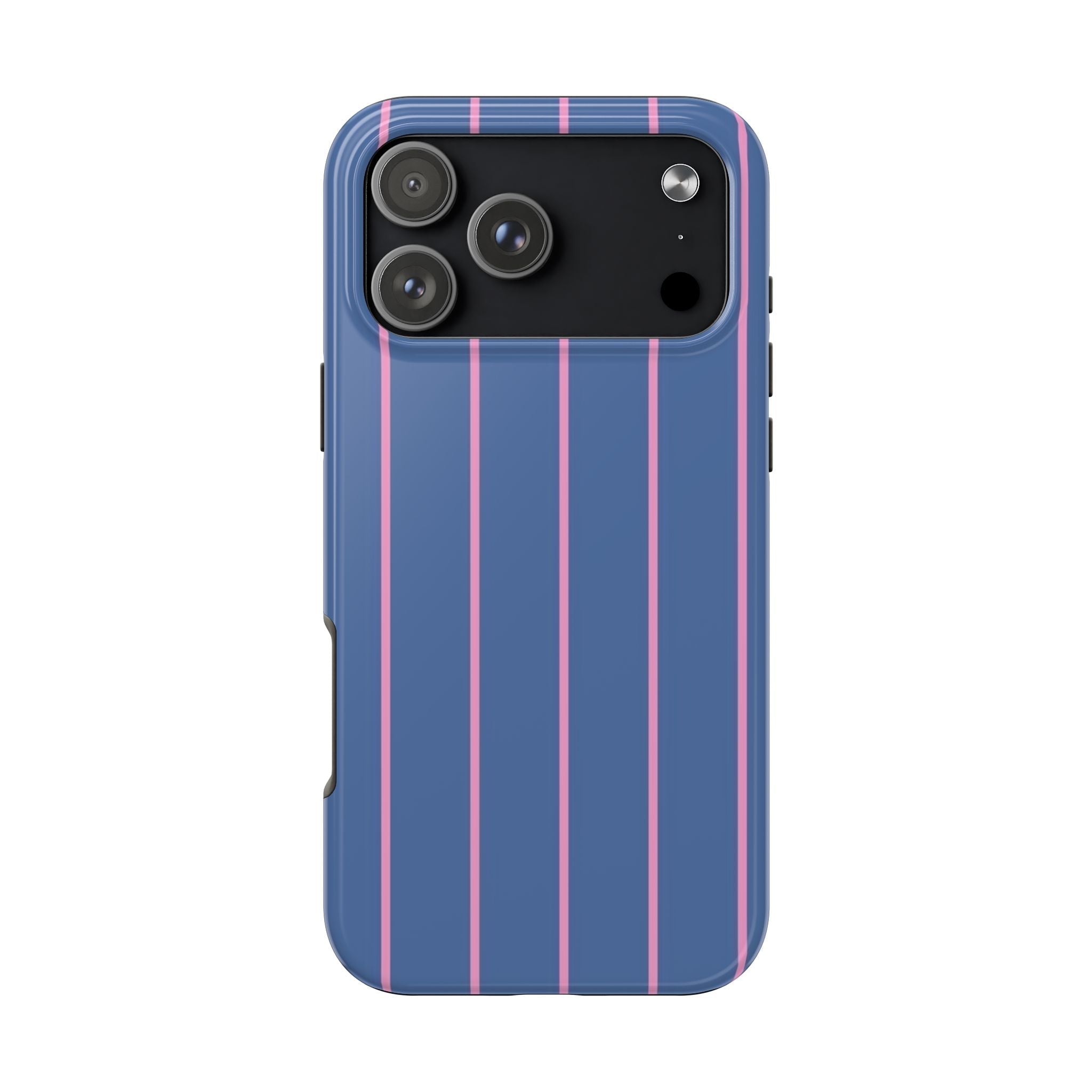 Blue phone case with vertical berry-pink stripes and camera cutout details