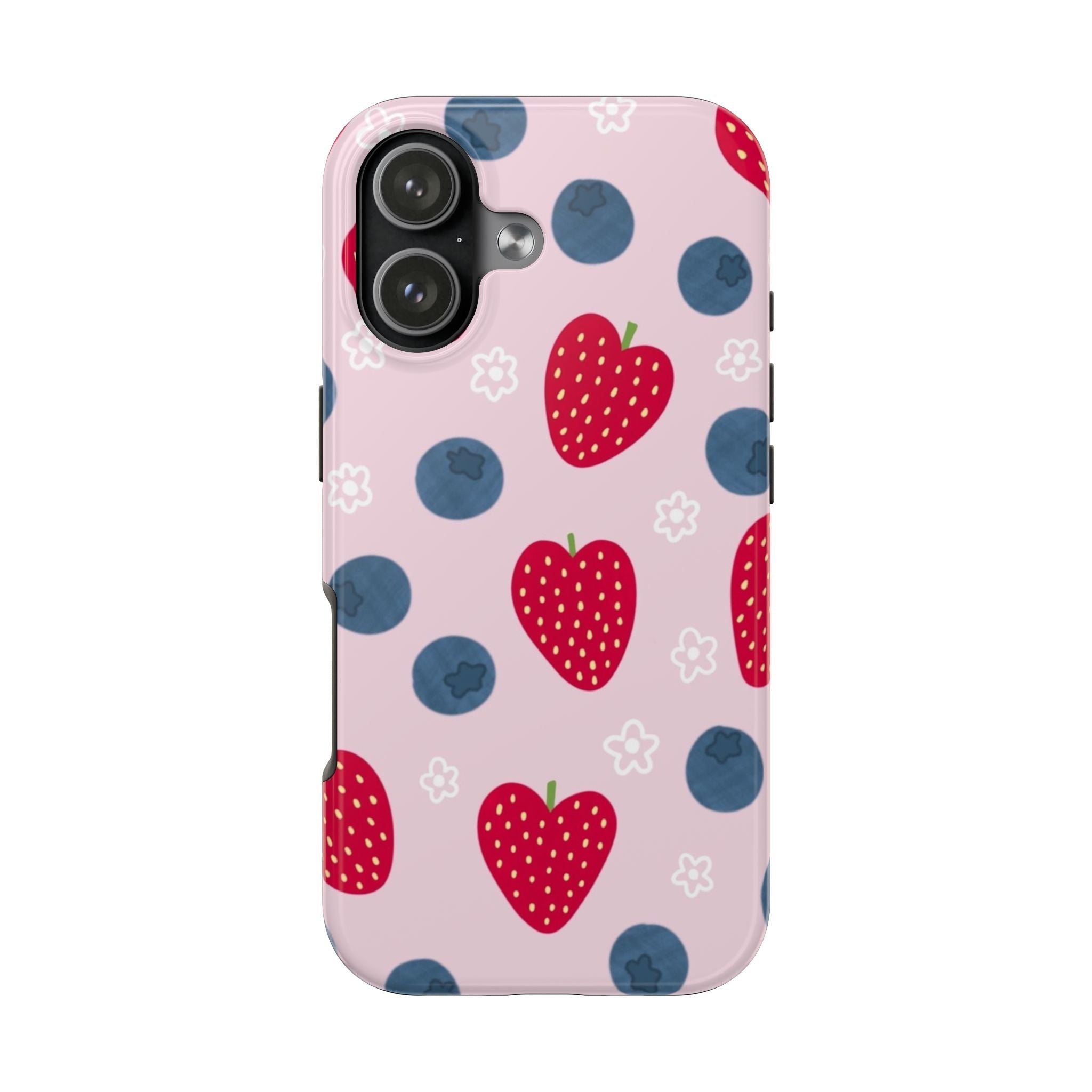 Berry Sweet pink phone case with red hearts and blue dots; side button cutouts