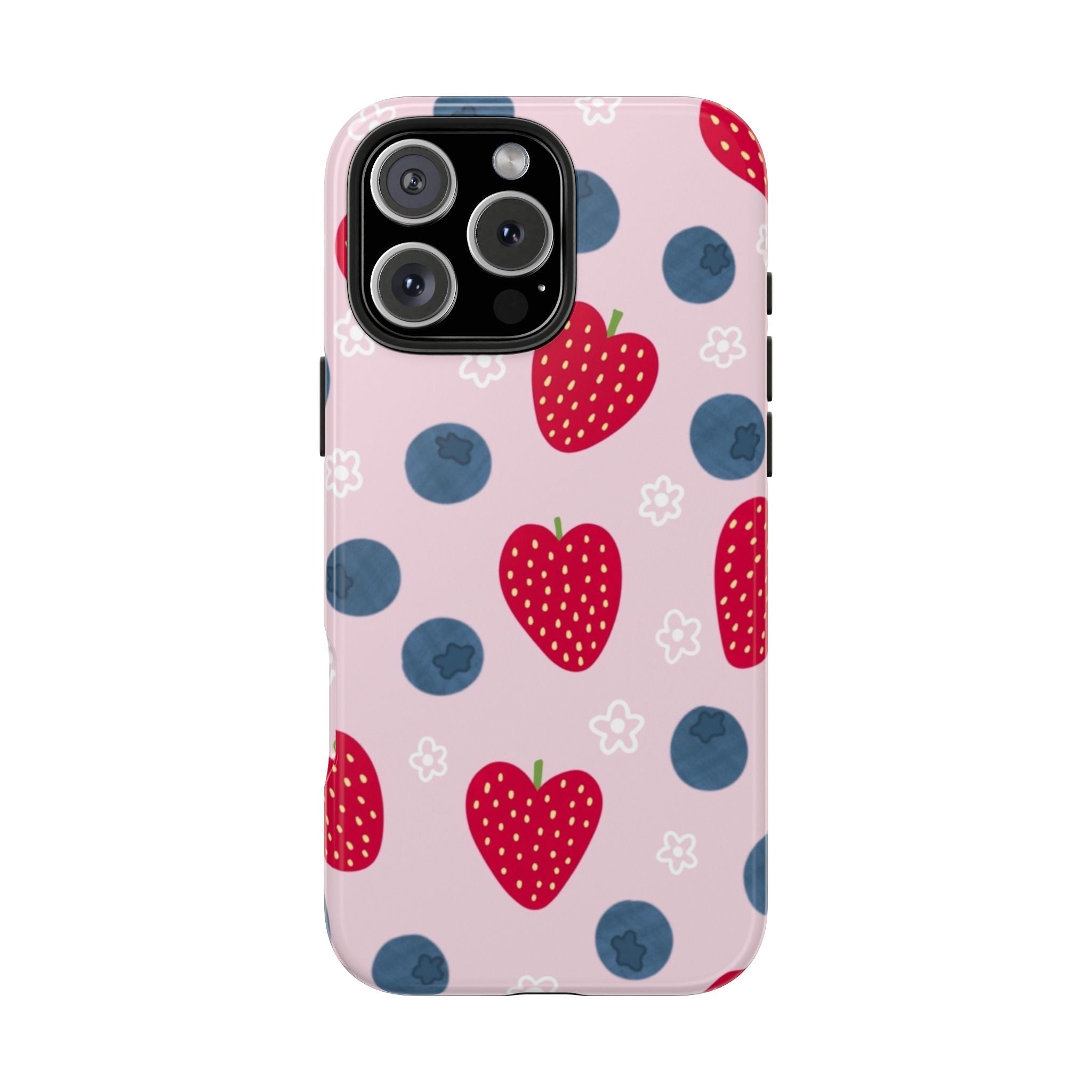 Berry Sweet pink phone case, red strawberry hearts and blue shapes; flat back view