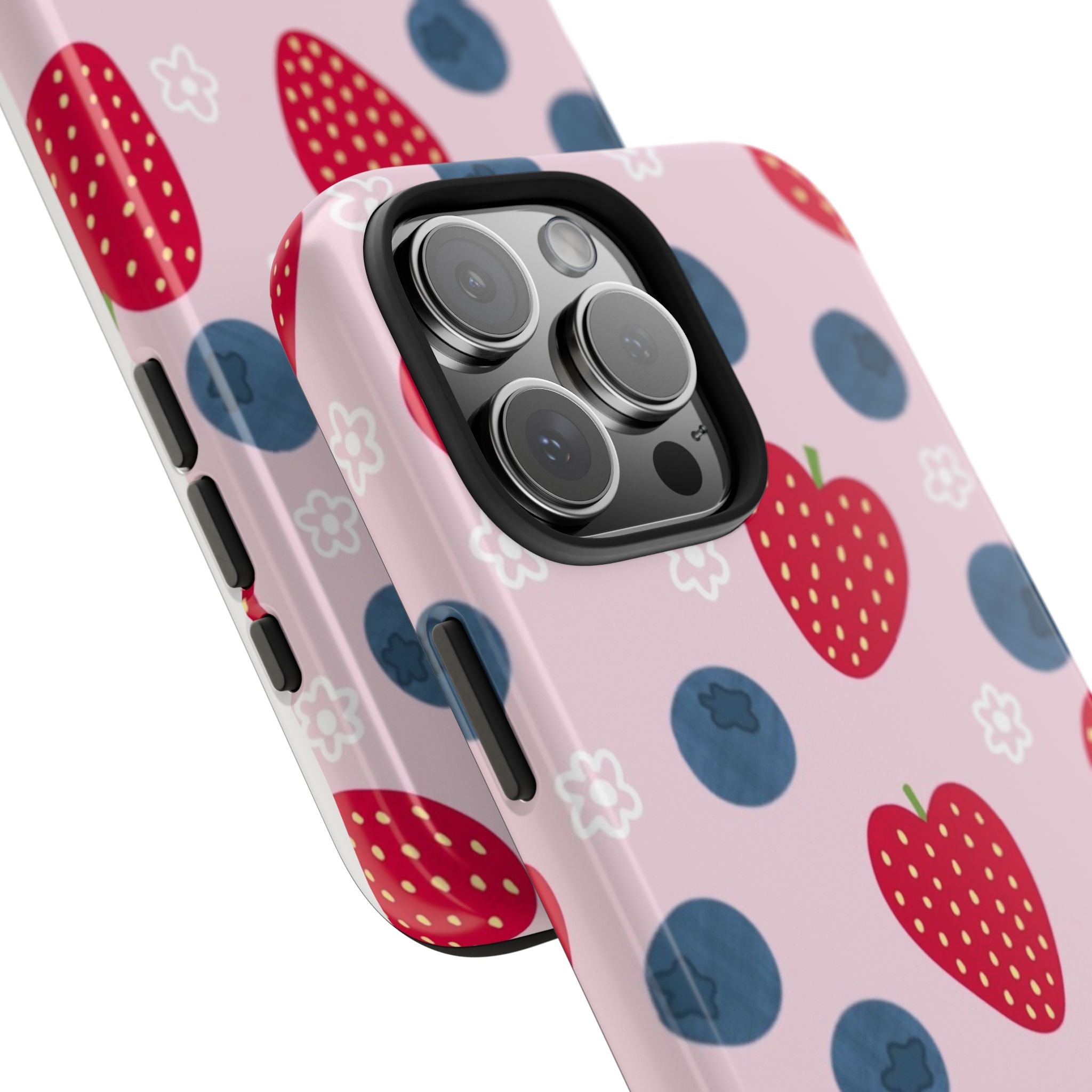 Berry Sweet pink phone case, red hearts and blue dots; camera lens protection