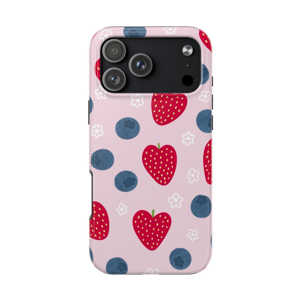 Berry Sweet pink phone case with red hearts, blue dots; rear camera cutout