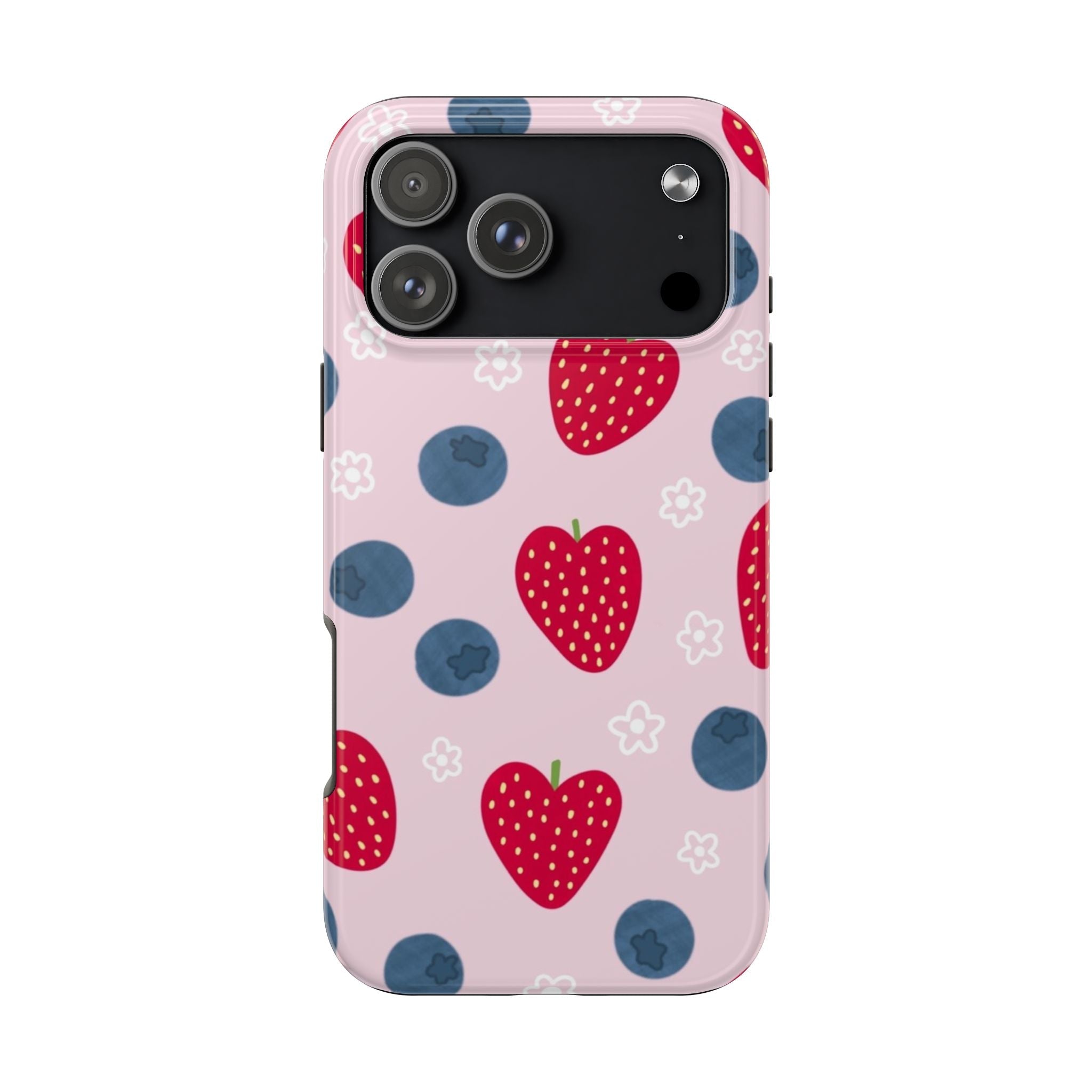 Berry Sweet pink phone case with red hearts, blue dots; rear camera cutout