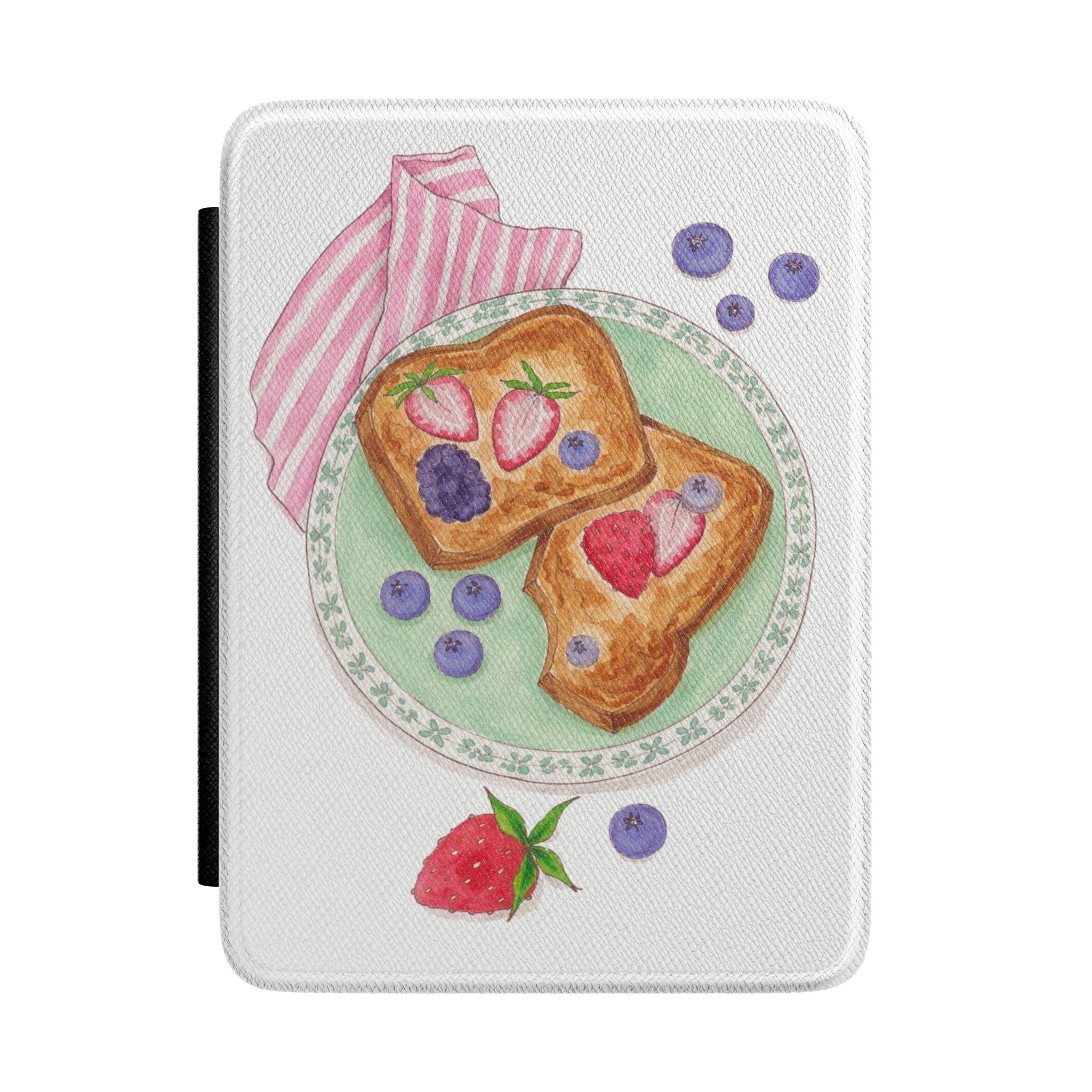 Berry toast hardcover Kindle case with illustrated toast, berries, and grapes on light gray cover