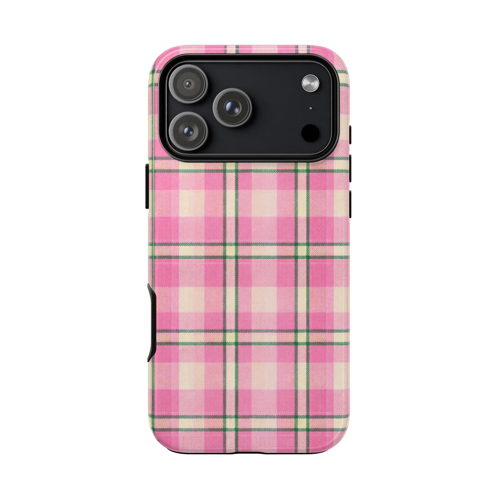 Plaid phone case, pink check with green stripes and black camera cover panel