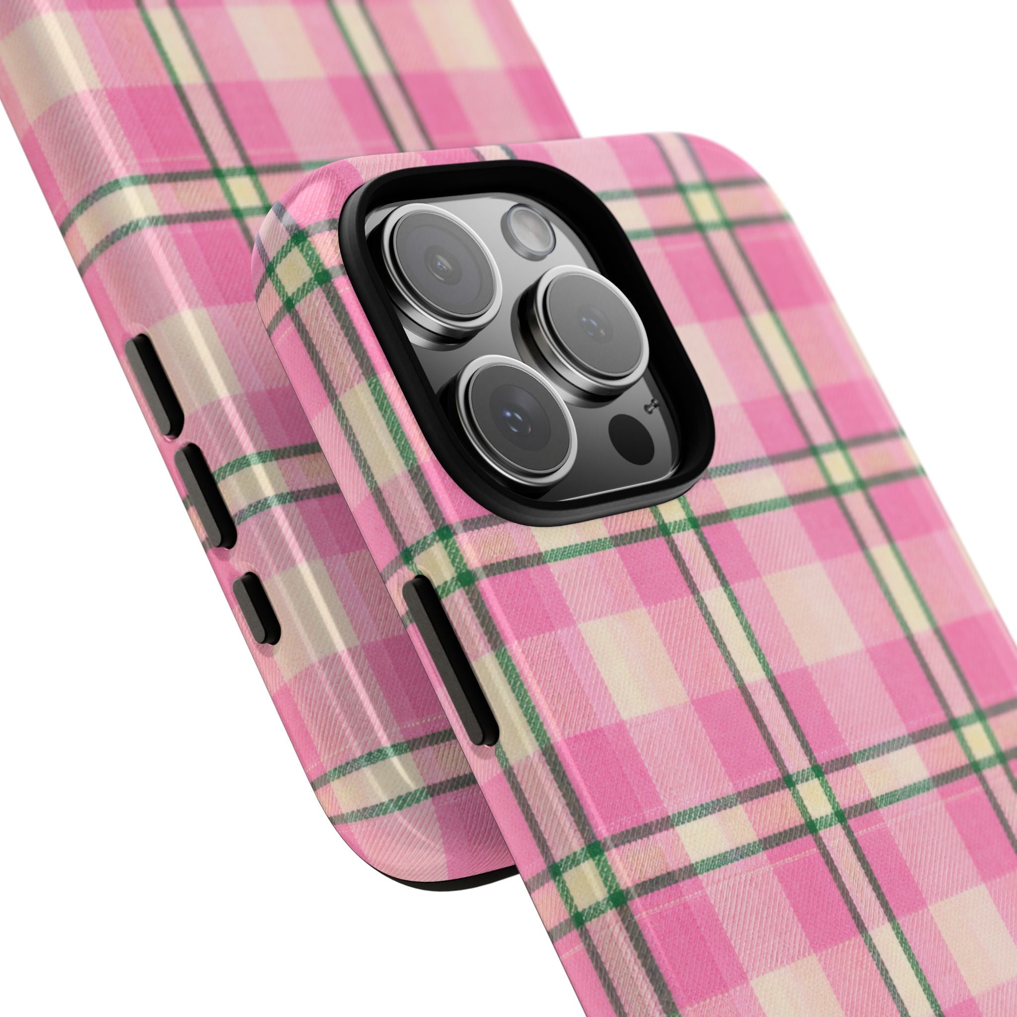 Plaid phone case corner view with camera lenses and side cutouts; pink and green checks