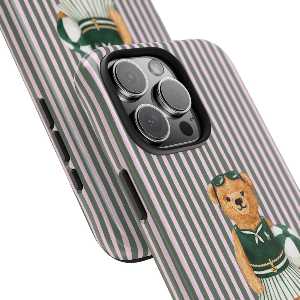 Diagonal view striped case with teddy bear patch and raised camera lens openings