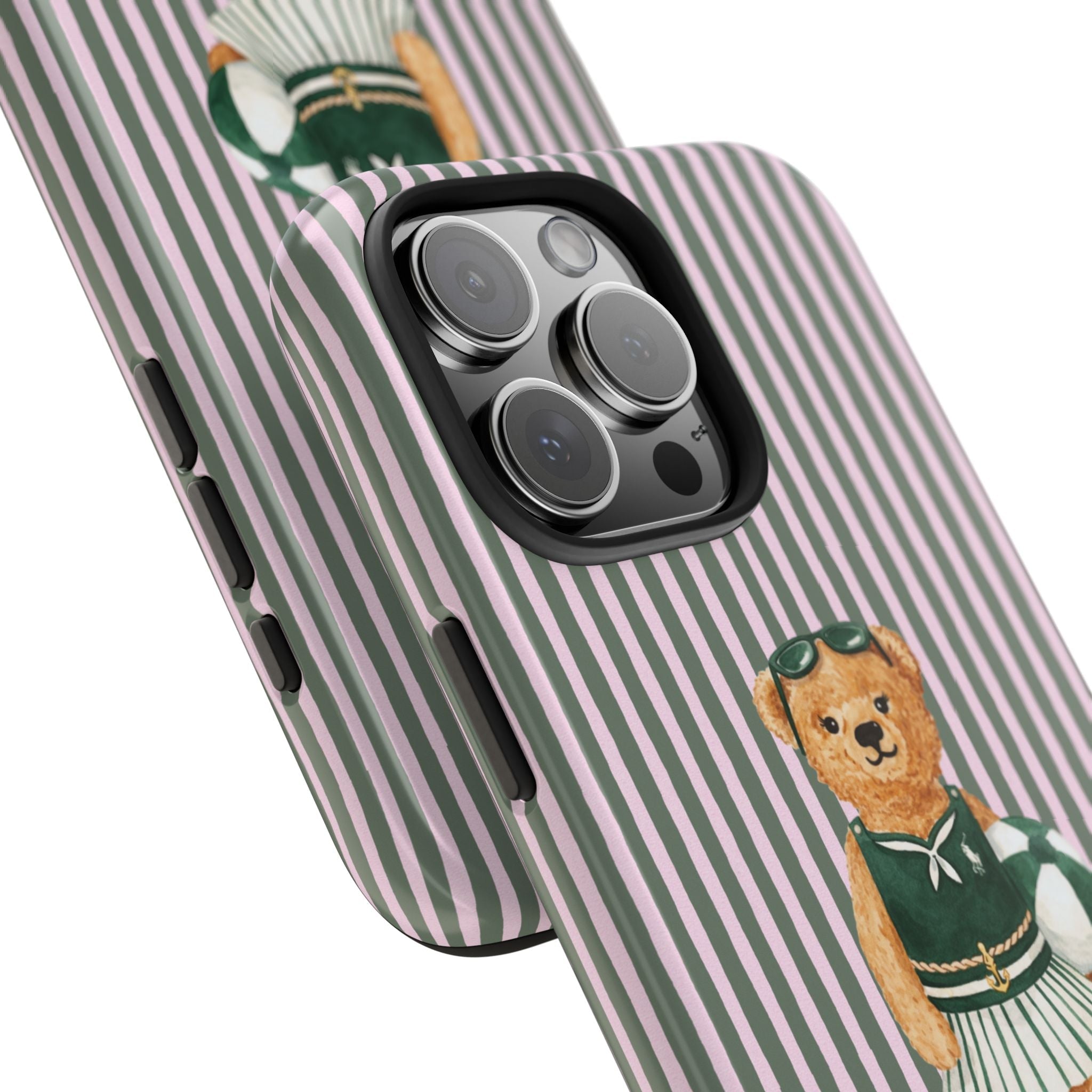Diagonal view striped case with teddy bear patch and raised camera lens openings