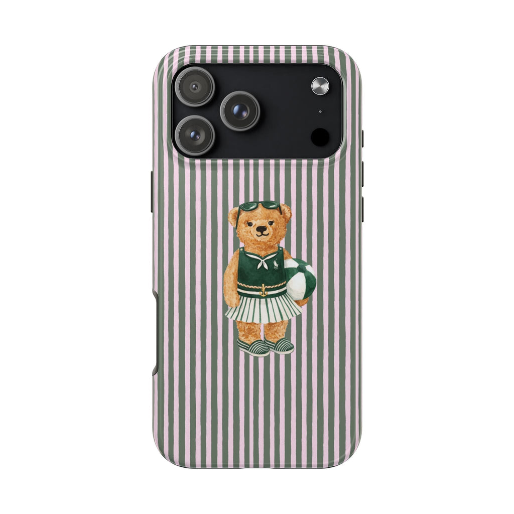 Green-and-pink striped phone case with standing teddy bear graphic and camera cutouts