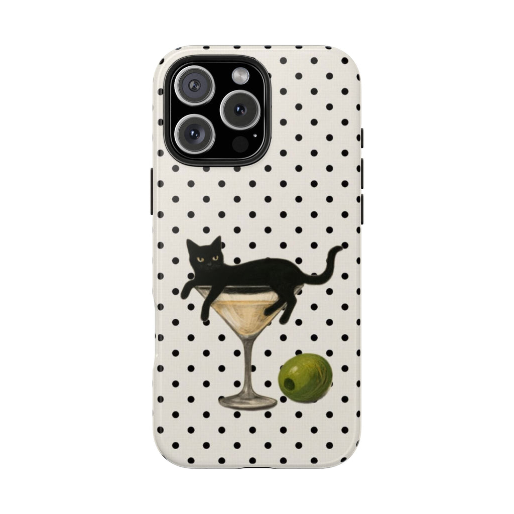 Front view black cat polka dot phone case with martini glass and olive