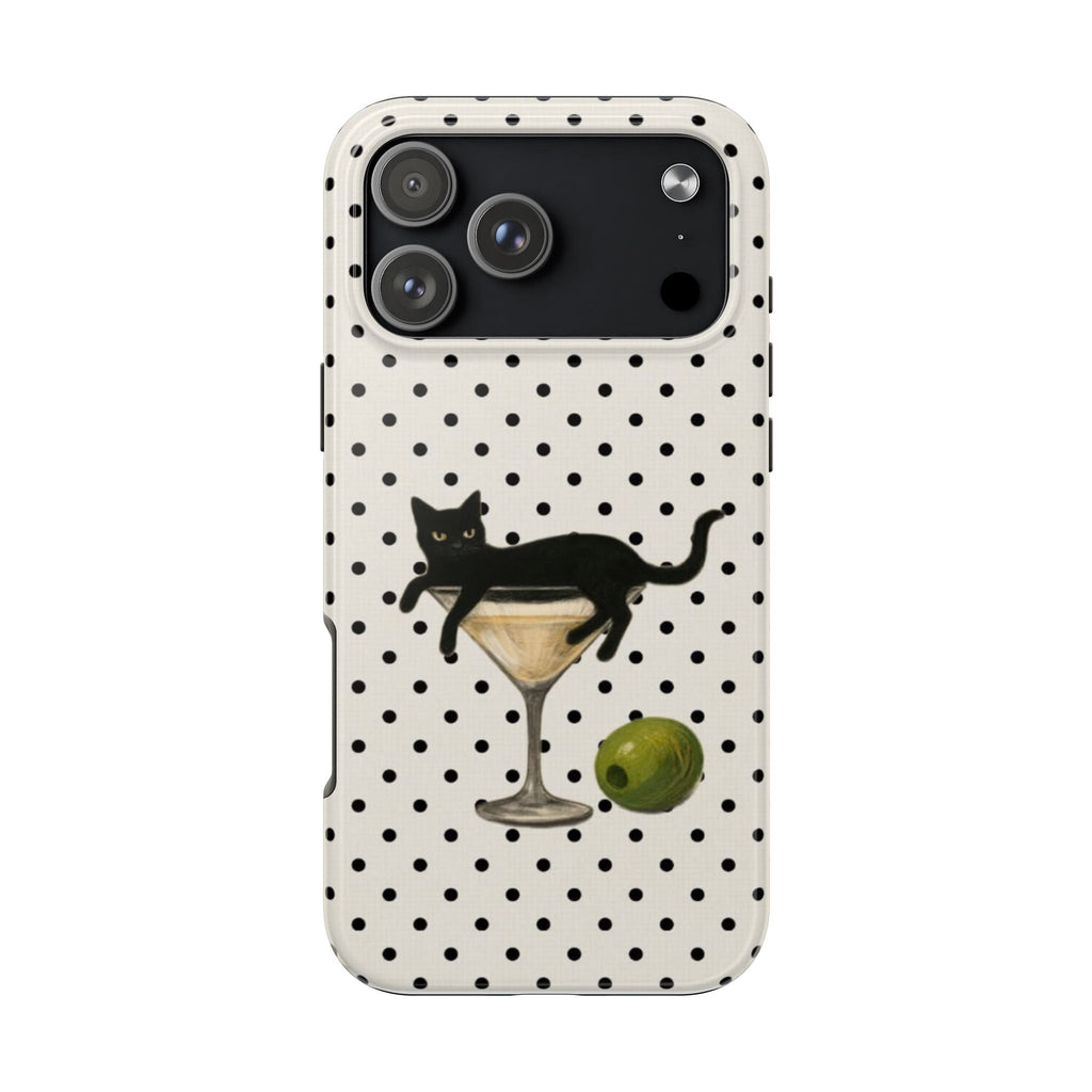 Black cat polka dot phone case with martini glass and olive accent