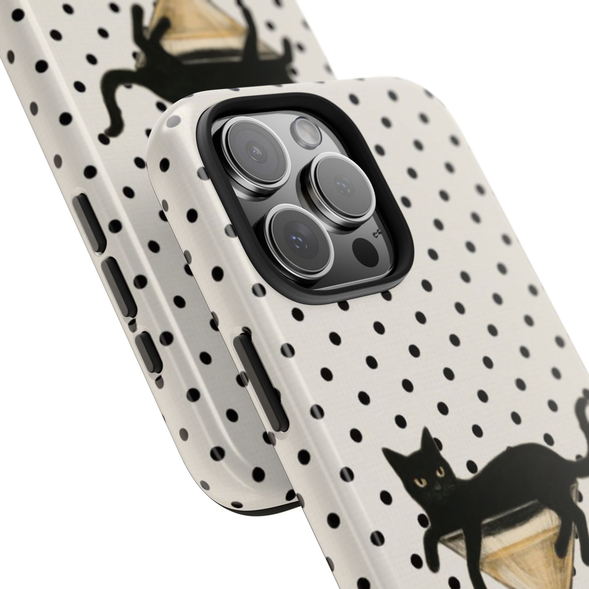Polka dot phone case with black cat and martini glass motif near camera cutouts