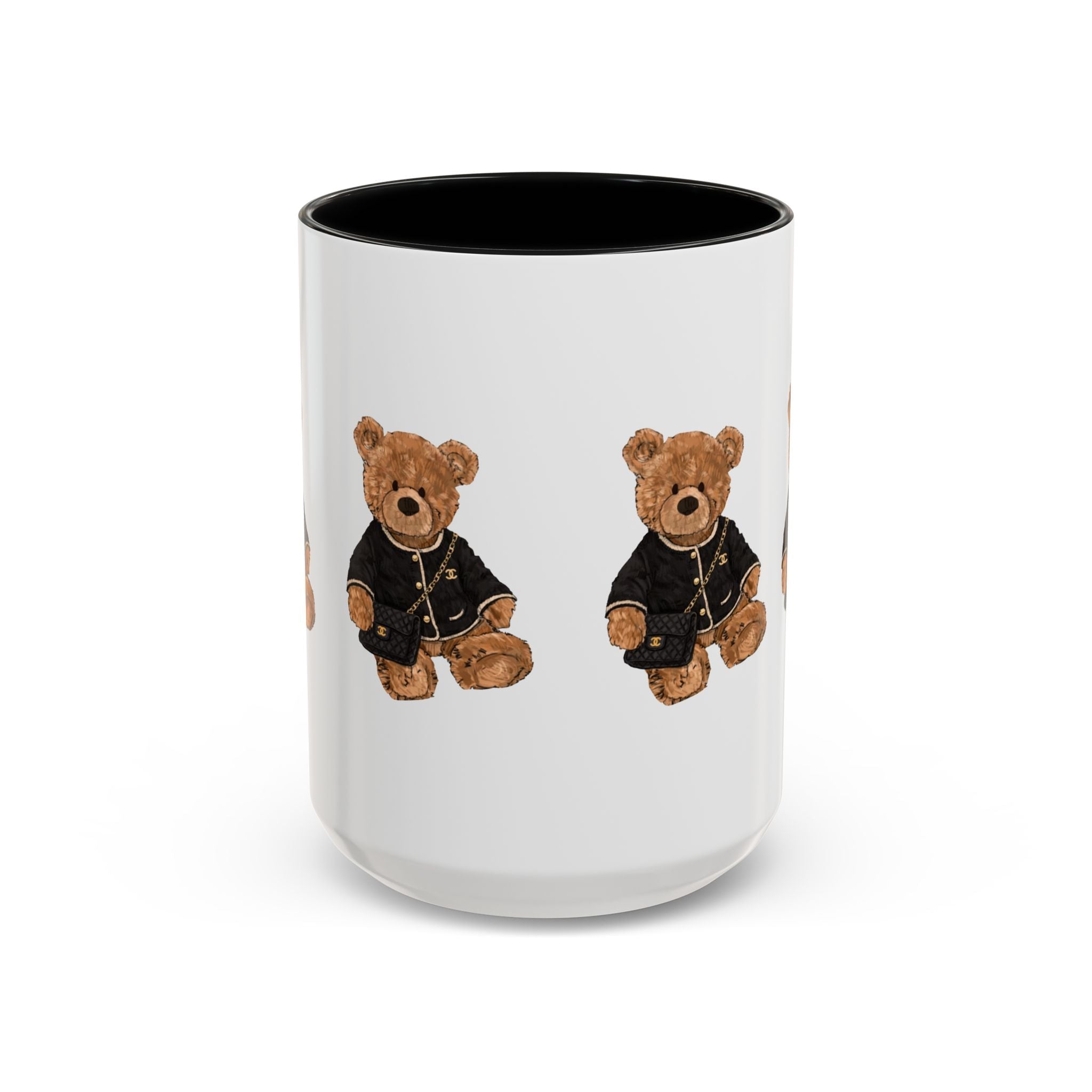 White mug, black interior; two teddy bear figures in dark outfits on front
