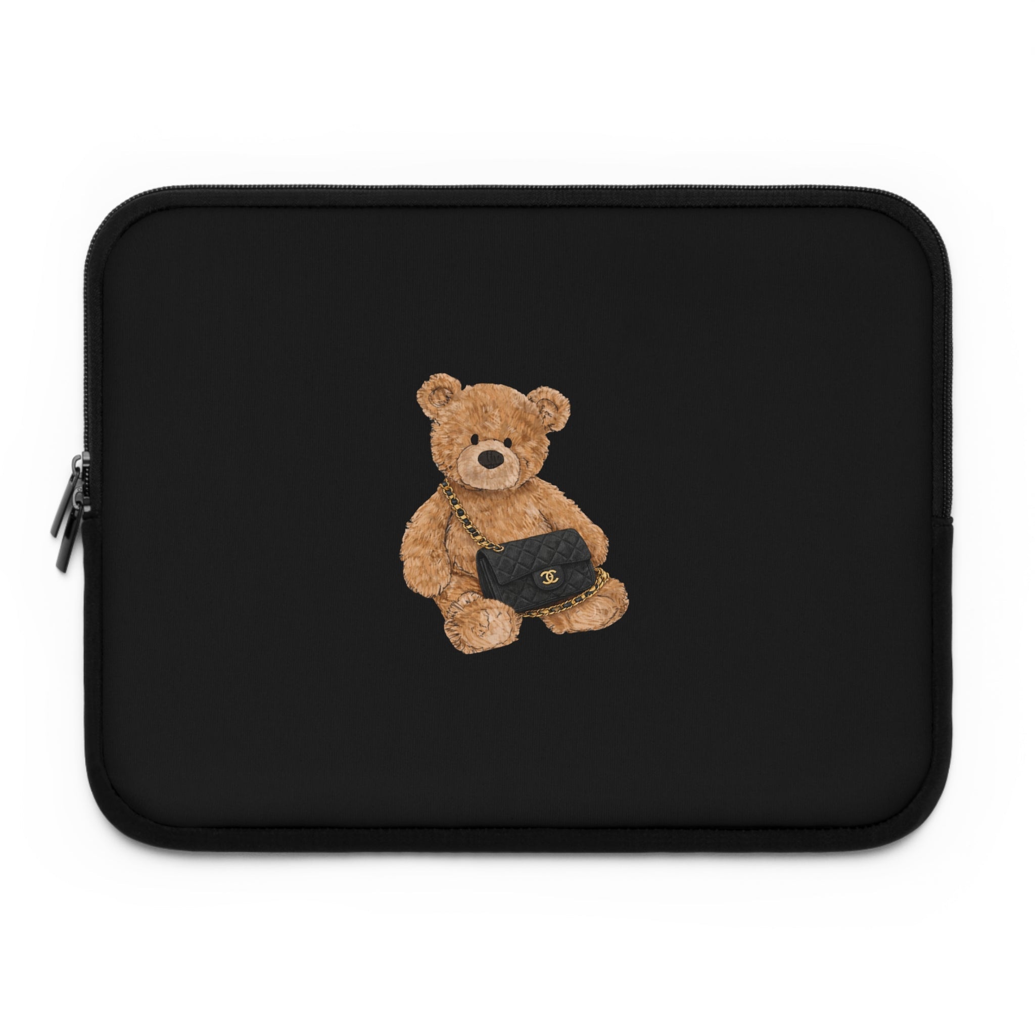 Black zipped sleeve with teddy bear holding a small bag applique