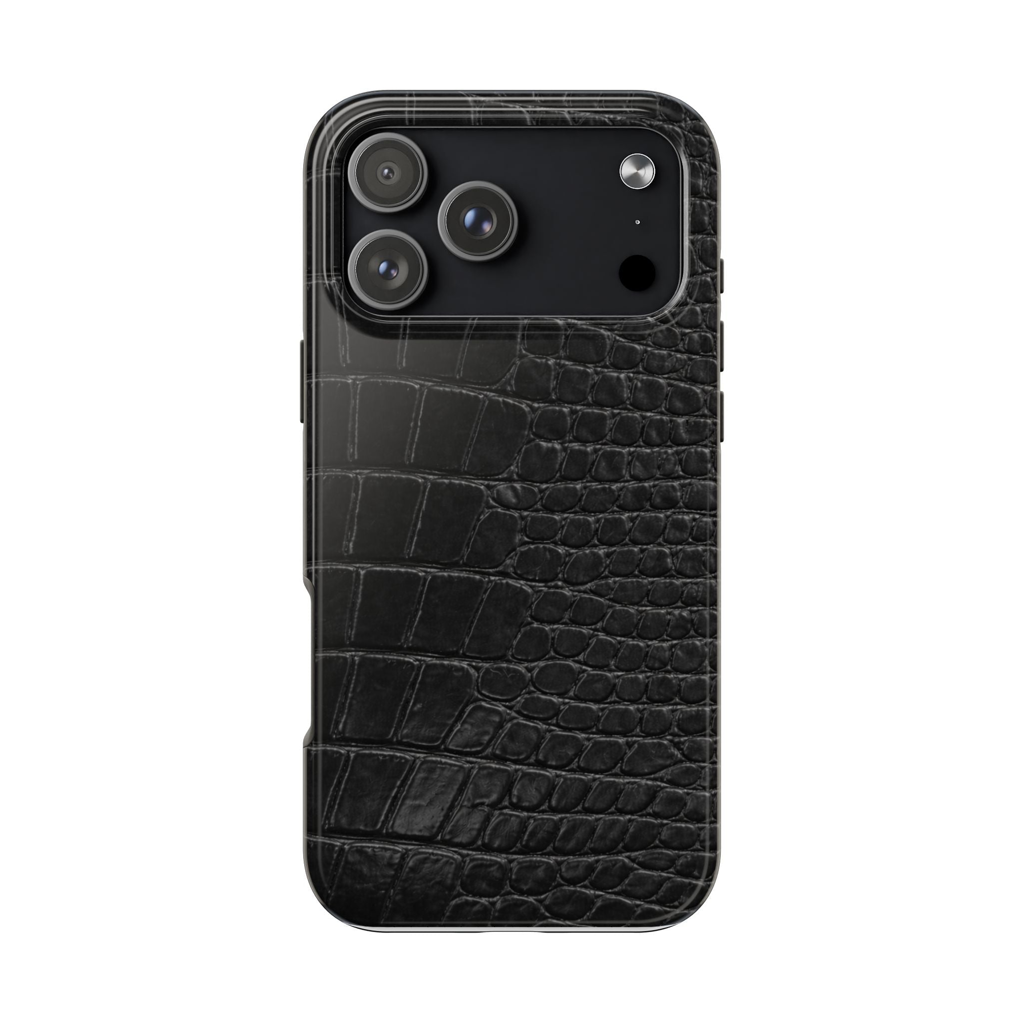 Black croc-printed phone case with raised camera protection and cutouts